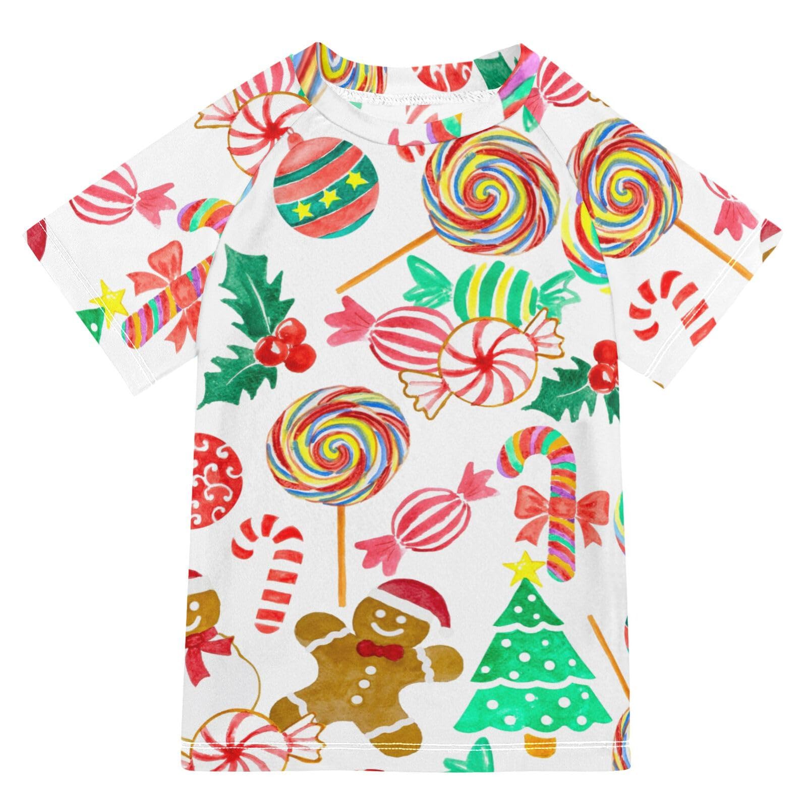 Aflyko Christmas Boys' Swim Shirt Candy Cane Lollipop Gingerbread Rash Guard Beachwear Sun Protection Fishing Hiking Camping Surfing Swimming Toddler Infant Summer Daily T-Shirt, 4T Multicoloured