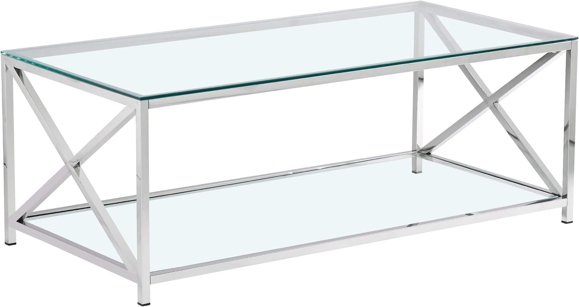 Charles Jacobs Clear Glass Coffee Table with Mirrored Finish Chrome Legs with Two Shelves for Living Room Lounge