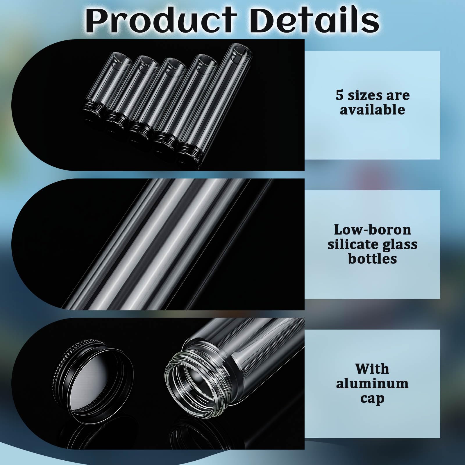 100 unidades de 80 ml/60 ml/50 ml/45 ml/40 ml, tubos de cristal transparente con tapón de rosca para sales de baño, goma de mascar y joyas (negro)