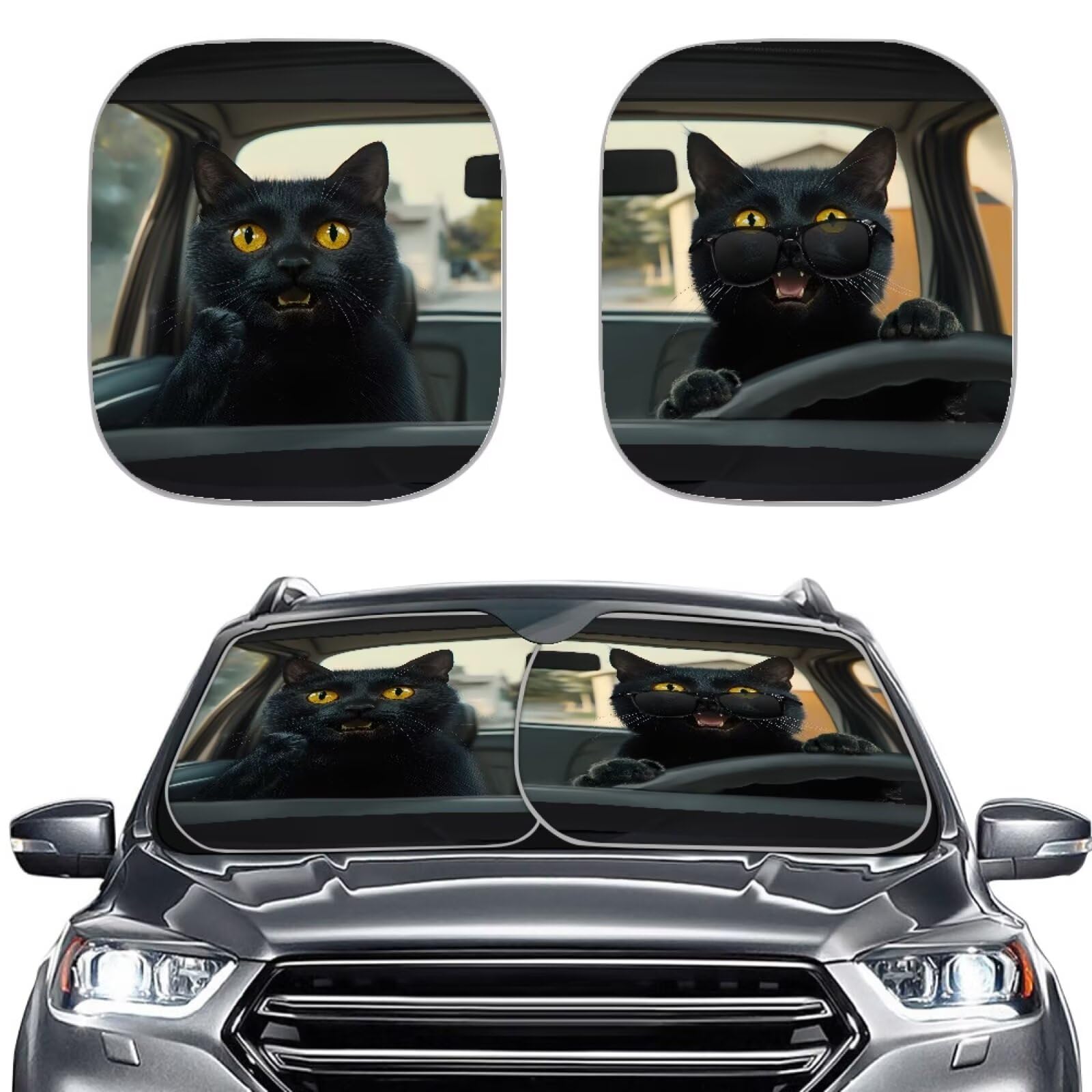 Aplkyhs Cat Driving Car Car Windshield Sun Shade Funny Animal Designs Foldable UV Rays Sun Visor Protector Sunshade