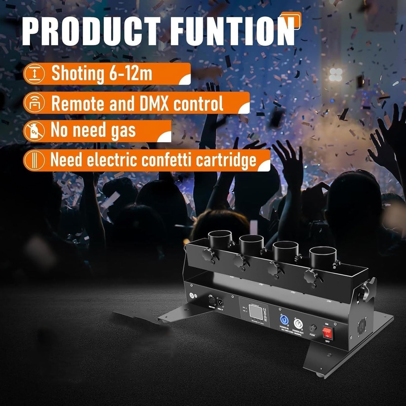 Macchina spara coriandoli, soffiatore elettrico a 4 colpi con DMX512 e telecomando, portata 6-12 m, perfetto per club, bar, spettacoli teatrali