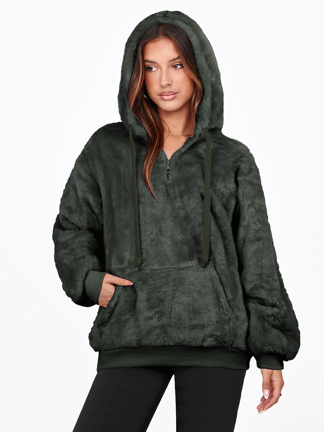 NIeyook Sherpa Fleece Hoodies for Women Fuzzy Oversized Zip up Hoodie with Pockets Casual Pullover Hooded Sweatshirt Army Green - Image 2