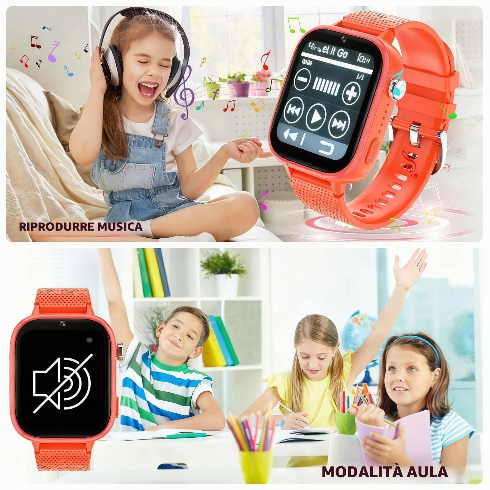 OKYUK Orologio intelligente 4G per bambini, con telefono e GPS, multifunzione, con videochiamata, modalità sportive, sveglia, App Store integrato, per ragazzi e ragazze, arancione