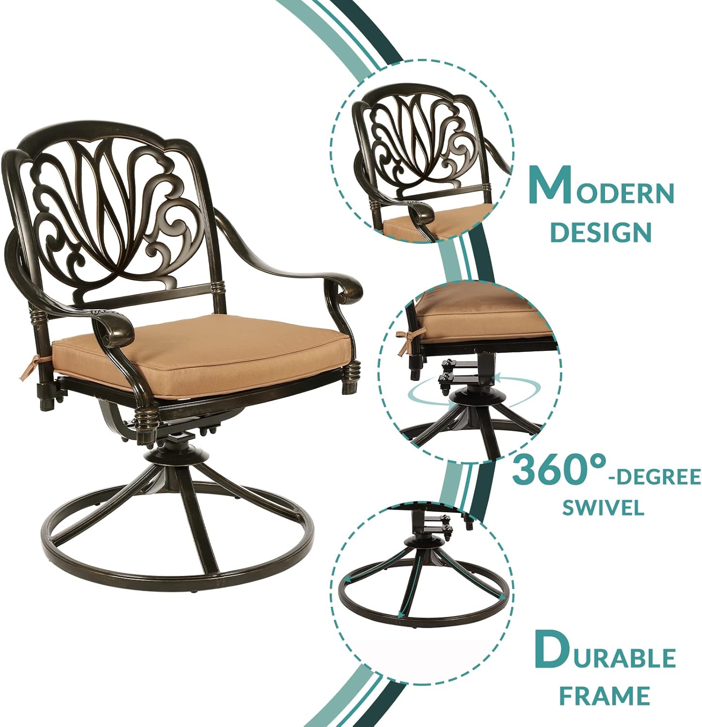 MEETWARM 5-Piece Outdoor Patio Dining Set, All-Weather Cast Aluminum Patio Conversation Set for Backyard Garden Deck with 4 Cushions Swivel Rocker Chairs and 35.4" Round Table, 2.2" Umbrella Hole