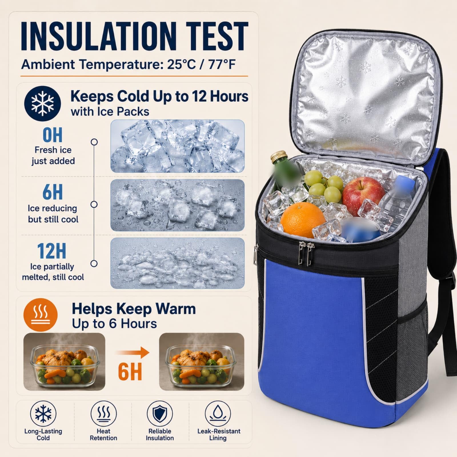 Surwin Zaino Frigo Termico Porta Pranzo Impermeabile 21L Blu 40x26x20cm