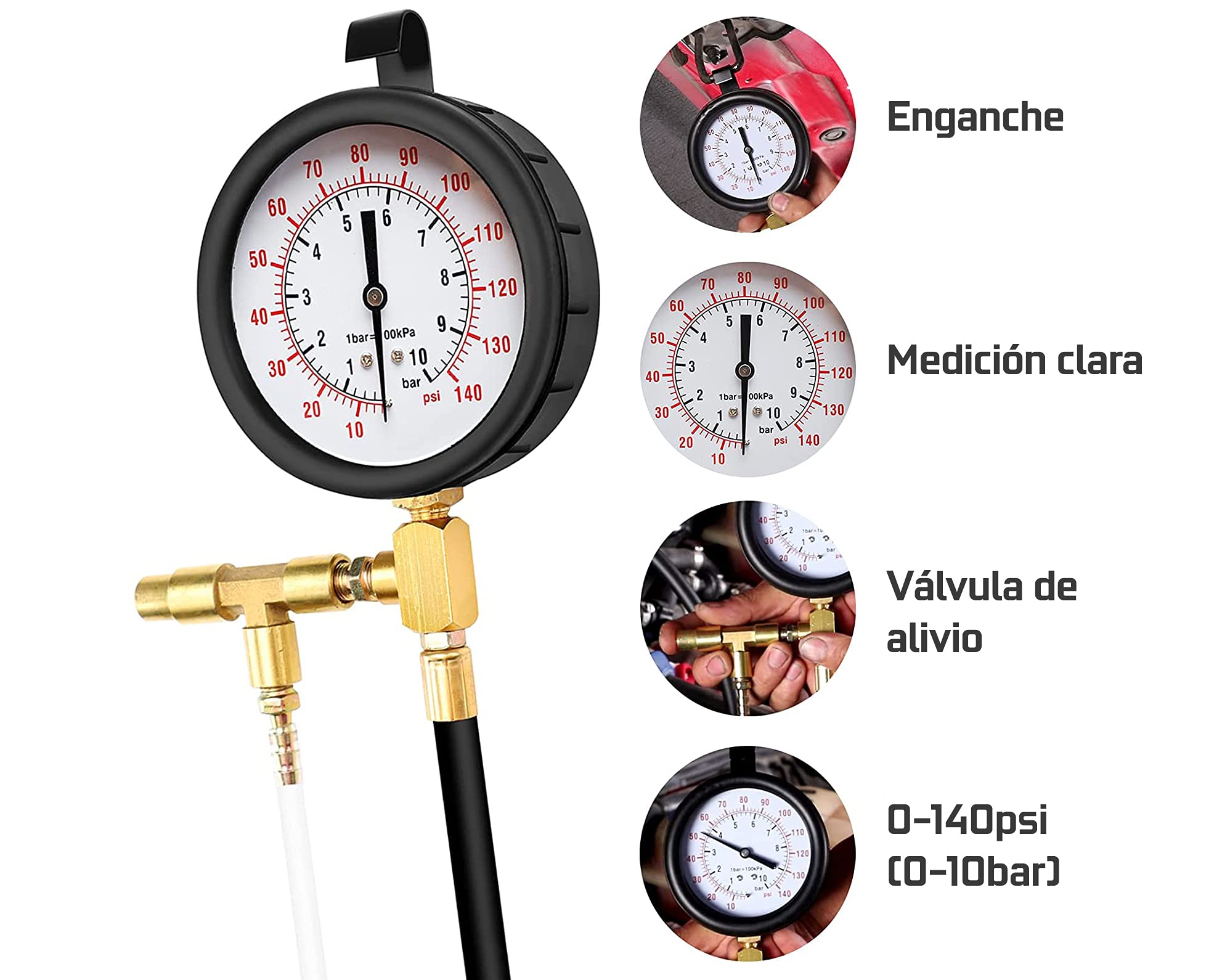 Medidor de compresión de combustible para motores Diésel y Gasolina, 0 a 10 bar TU-443. Compresimetro gasolina