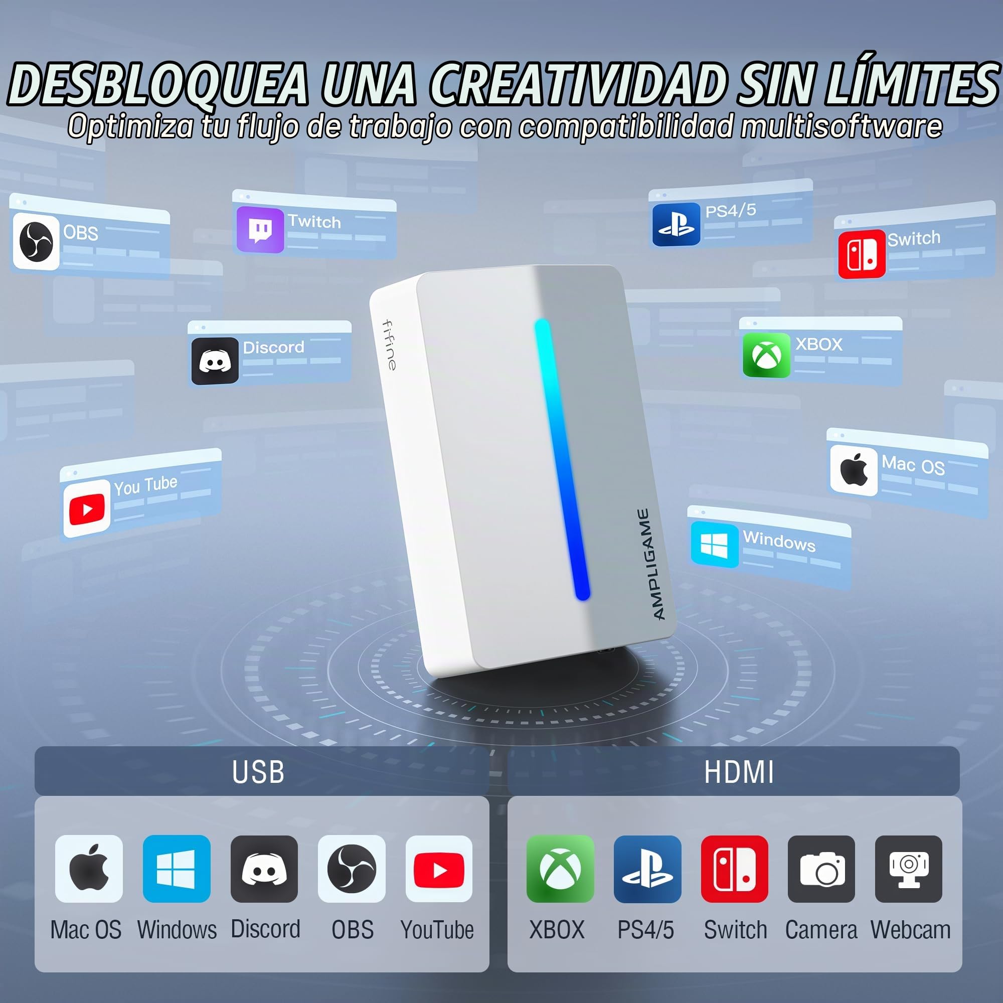 Fifine AmpliGame - Tarjeta de captura de video HDMI USB 4K para transmisión OBS, tarjeta de captura de audio 1080P con RGB, entrada/salida HDMI compatible con Switch/XBOX/PS5/Computer-V3 blanco