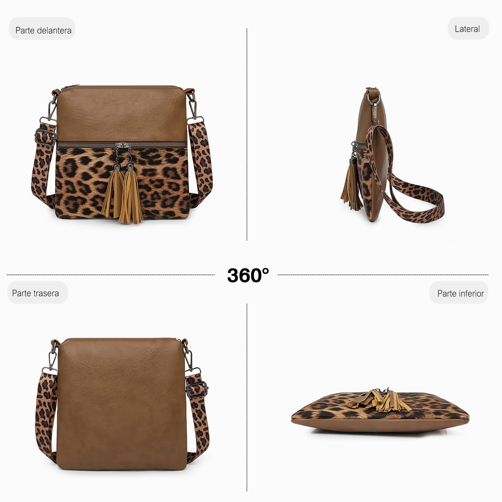 FANDARE Leopardo Bolso Bandolera Mujer Bolso de Hombro Boho Flecos Bolso Tote de PU Cuero Bolsa Crossbody para Trabajo, Oficina, Viaje