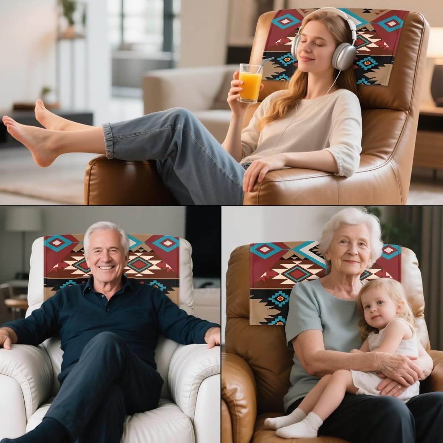 Headrest Cover for Recliner Chairs Aztec Brown Couch Headrest Protector Slipcovers Covers Pet Scratch Resistant Couch Headrest Covers for Sofa Set of 3