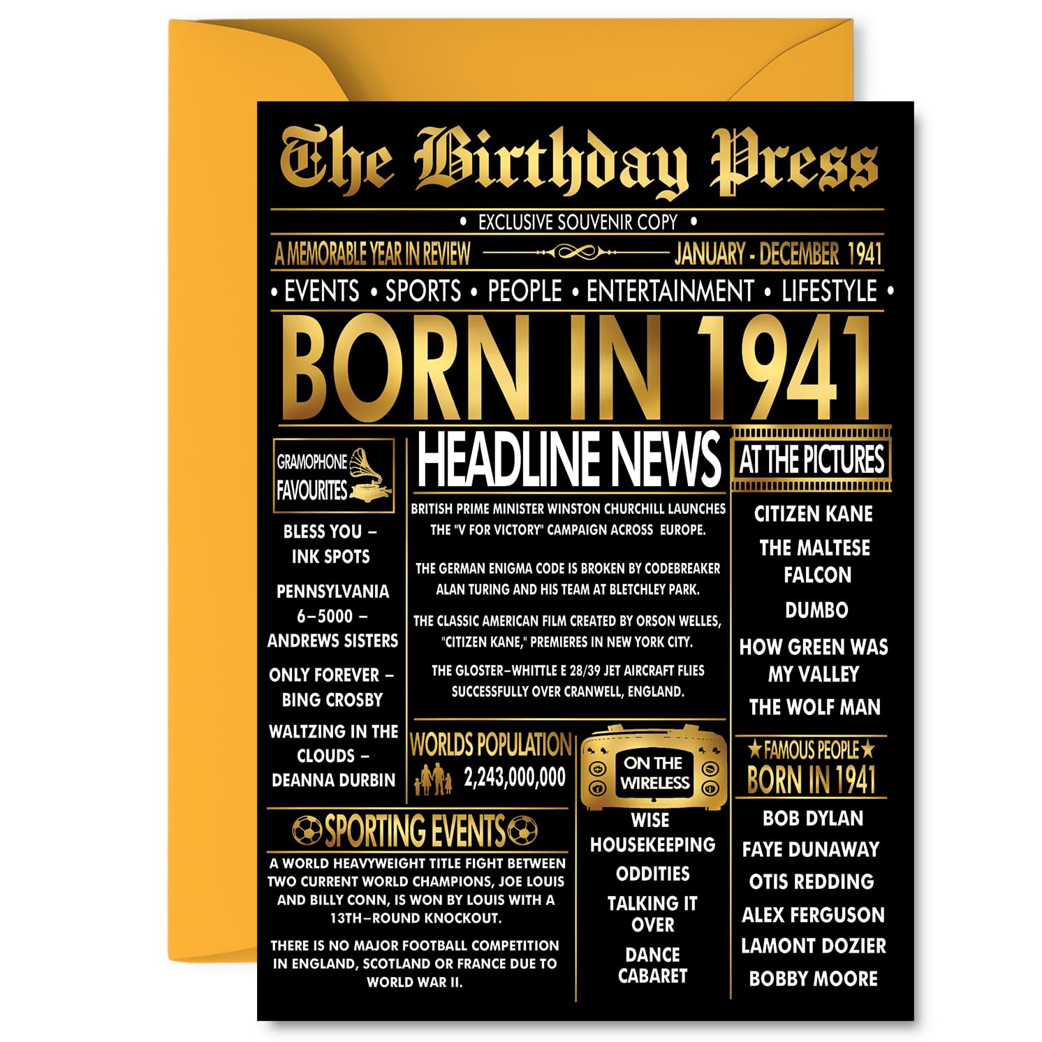Gold 85th Birthday Card for Men Women - Black & Golden Newspaper Born in 1941 - Happy 85 Birthday Cards for Wife Auntie Nanny Uncle Grandma Husband, 5x7 Inch Bday Greeting Cards