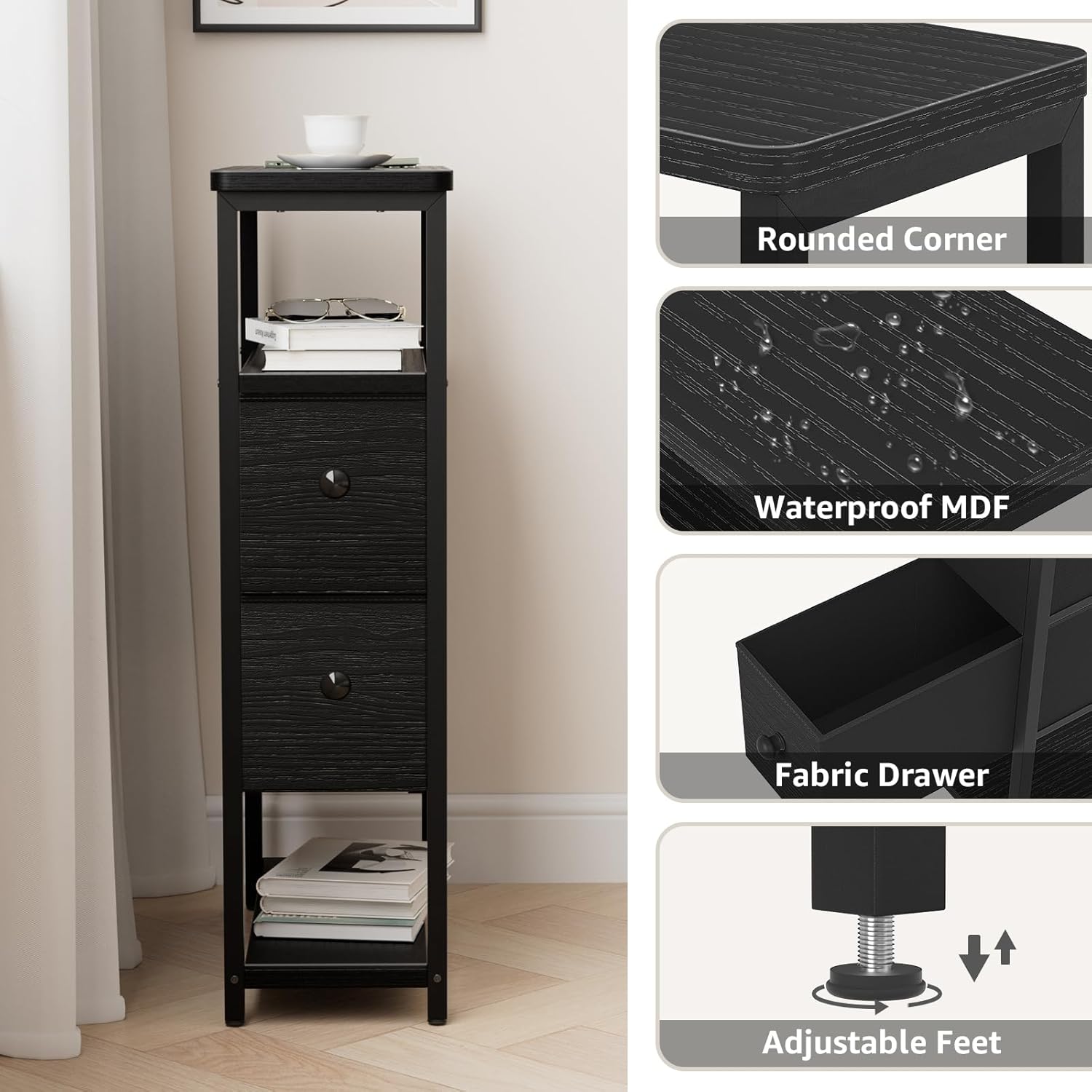 Narrow Nightstand Side Table - Skinny Night Stand for Small Space Bedroom Slim Bedsides Tables with 2 Drawers, Black