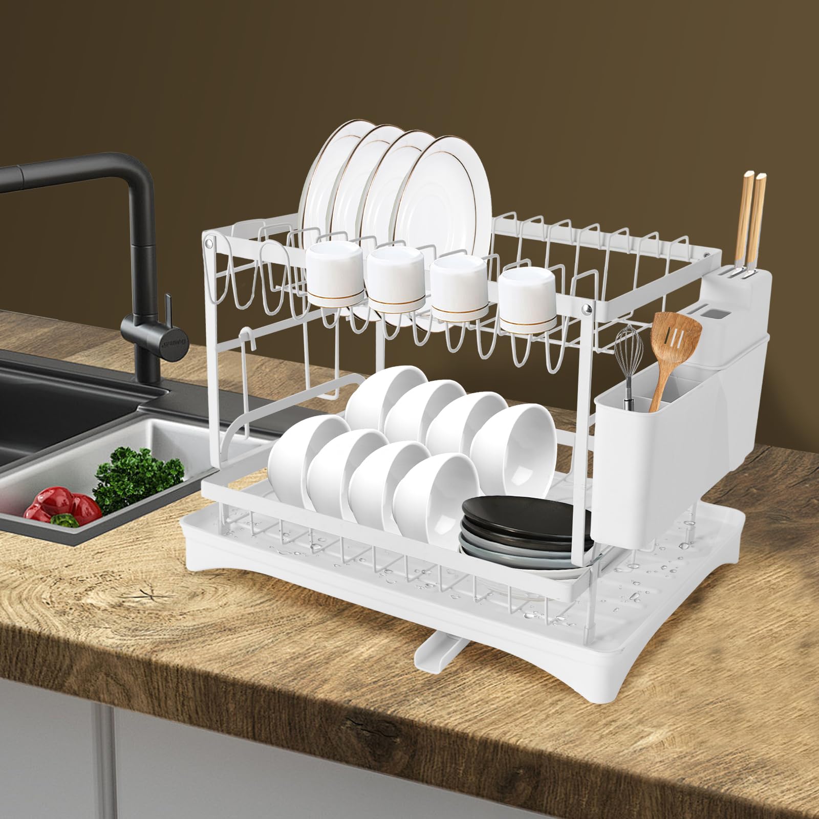 Escurreplatos de acero inoxidable, escurridor de platos, bandeja de goteo de 2 niveles, escurridor de platos para platos, tazas, tabla de cortar (blanco)