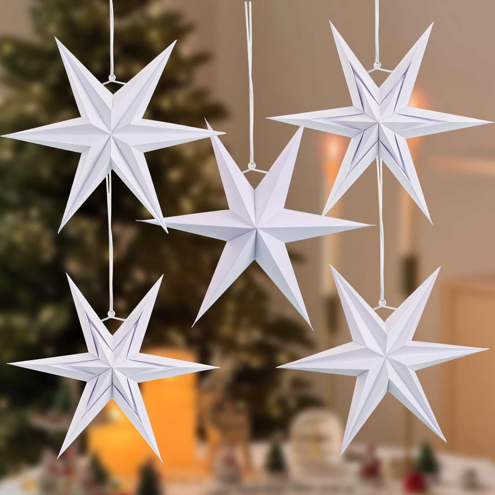 EASY JOY Christmas Paper Star Hanging Decorations 3D White Paper Star Lanterns 6 Pointed Christmas Celling Decorations for Holiday Party Winter Wonderland Home Decor โ image 1