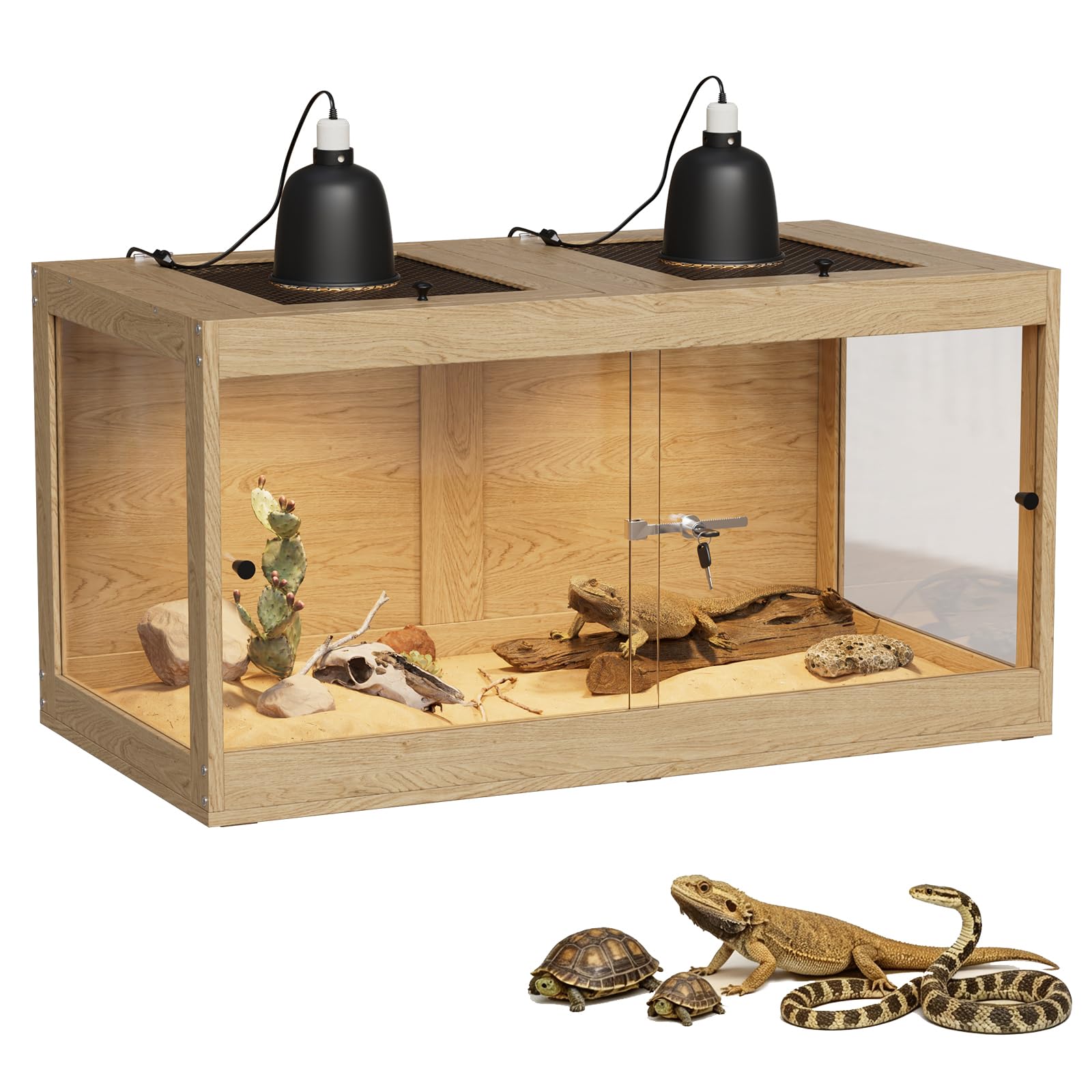 Terrarium für Reptilien & Amphibien, 100x50.8x52.3cm Reptilien Terrarium Holz mit 360°-Panoramablick aus Glas, Belüftung und Sicherheitsschloss, Terrarium Groß für Bartagame, Schlangen, Jungtiere