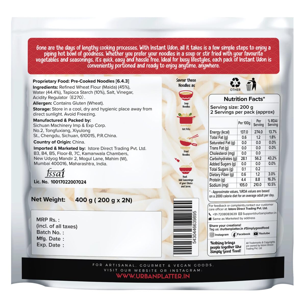 Urban Platter Thick Udon Noodles, (2N x 200g | Ready to Use | Use in Ramen and Stir Fries) (400g (Pack of 3)) - Image 2 thumbnail