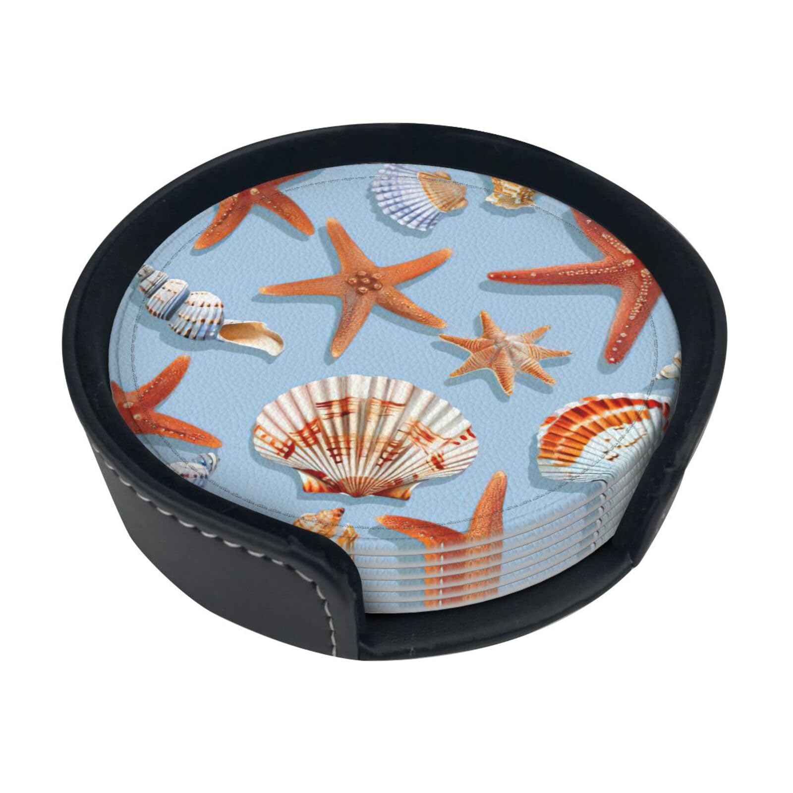 Starfish And Seashell Pattern Print Round Coasters Set Of 6,Coaster For Tabletop Protection Home Bar Decor
