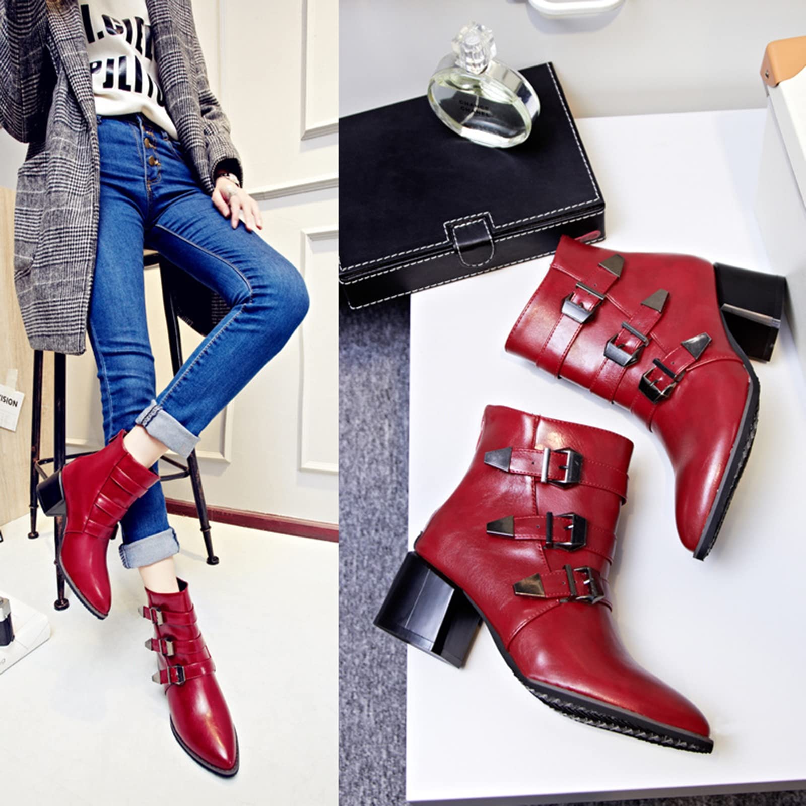Bottines À Talons Épais Et À Glissière pour Femmes, Bottines À Bout Pointu Et À Talons Hauts