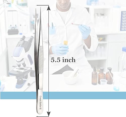 Miniatura 4 de Pinzas quirúrgicas de micro precisión con puntas dentadas, pinzas de laboratorio de acero inoxidable, puntas rectas de punta fuerte, 5.5 pulgadas,