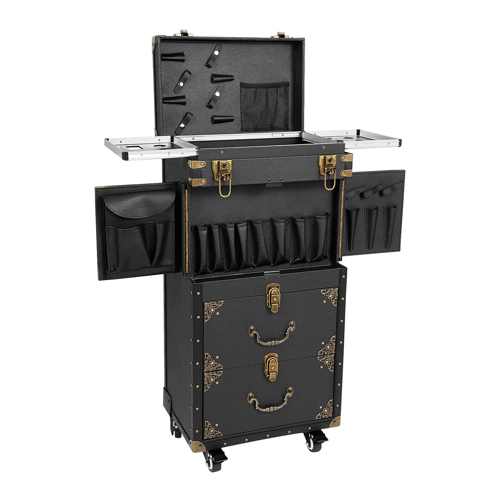 Kosmetikkoffer Trolley Retro Make Up Koffer Mit Passwortsperre 4 Ebenen Friseurkoffer Mit 360° Drehbaren Rädern Werkzeug Trolley Mit Haartrockner Halterung Schwarz