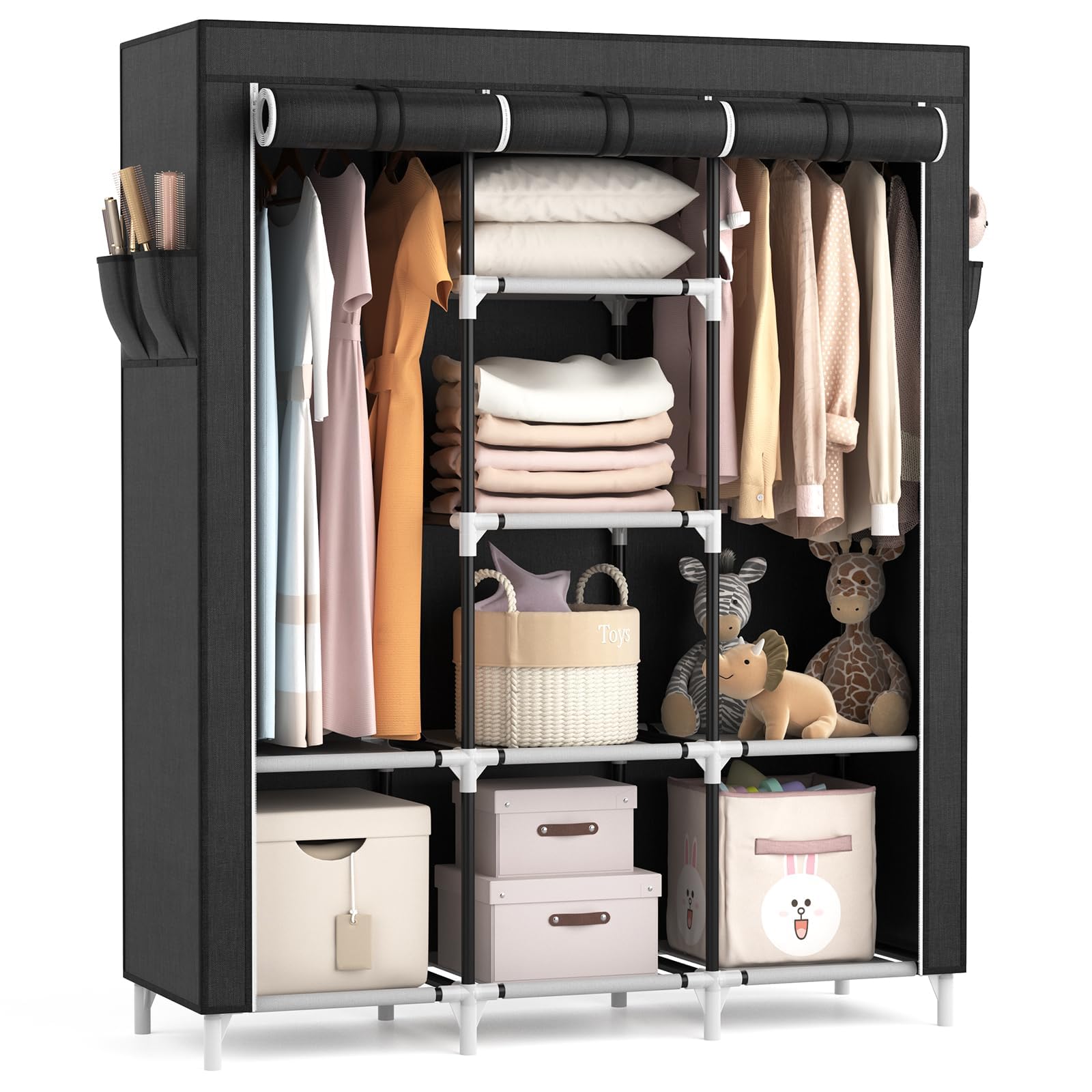 Vicye Grande Armoire en Tissu avec 2 tringles à vêtements et 8 étagères, Pliable, avec Housse, pour Dressing, Chambre à Coucher (Noir, 124 x 42 x 162 cm)
