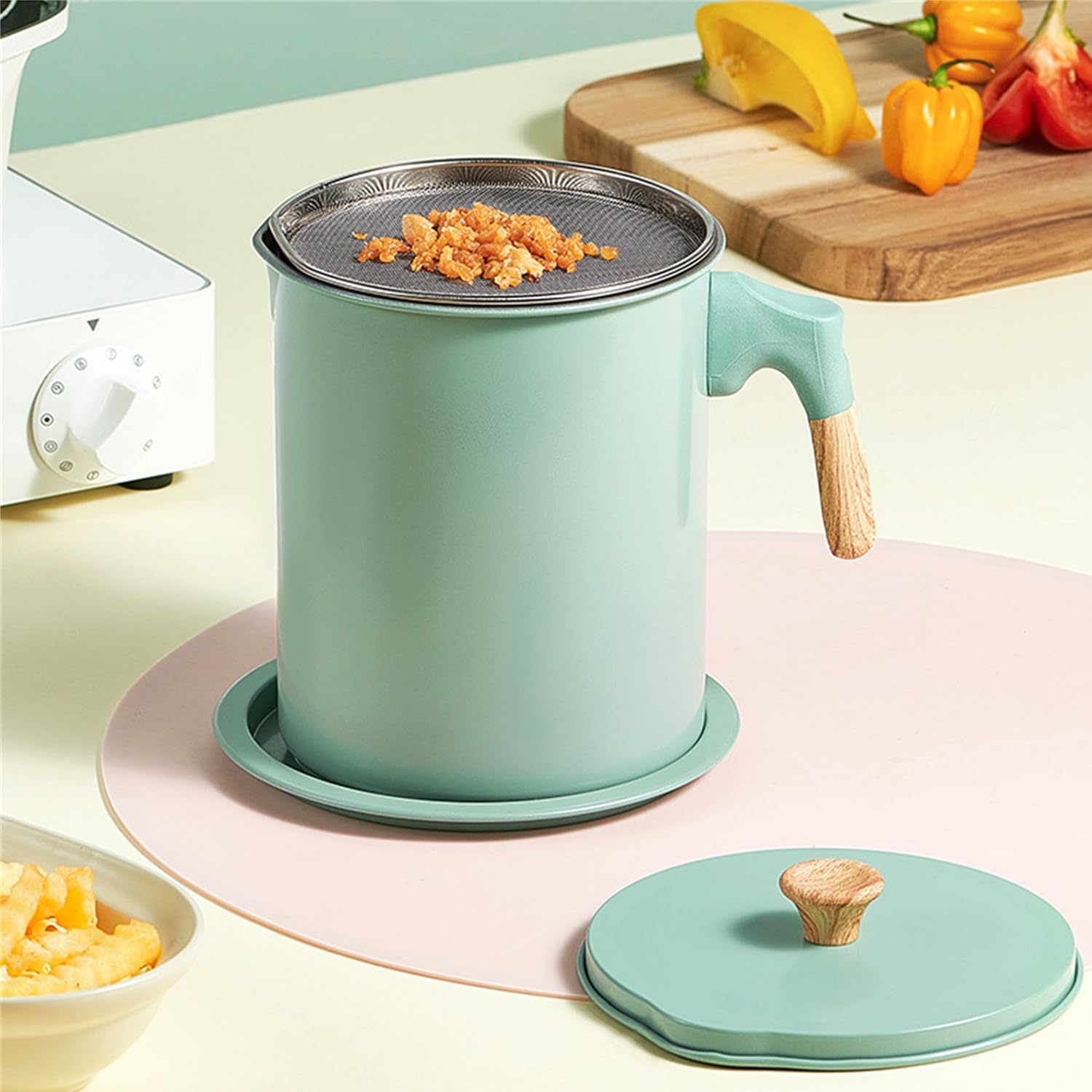 Contenedor De Grasa De Tocino Con Colador, Colador De Aceite De 47 Oz/1,4 L, Recipiente De Almacenamiento De Aceite Para Cocina, Filtro De Suministros De Almacenamiento De Aceite(Verde claro)