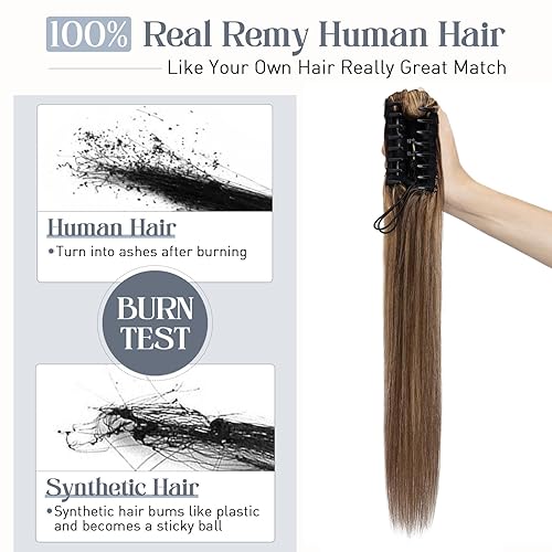 Miniatura 5 de Extensión de cola de caballo de pelo humano con peineta y listón para atarse para niñas y mujeres, 1 pieza de pelo lacio y largo color negro oscuro