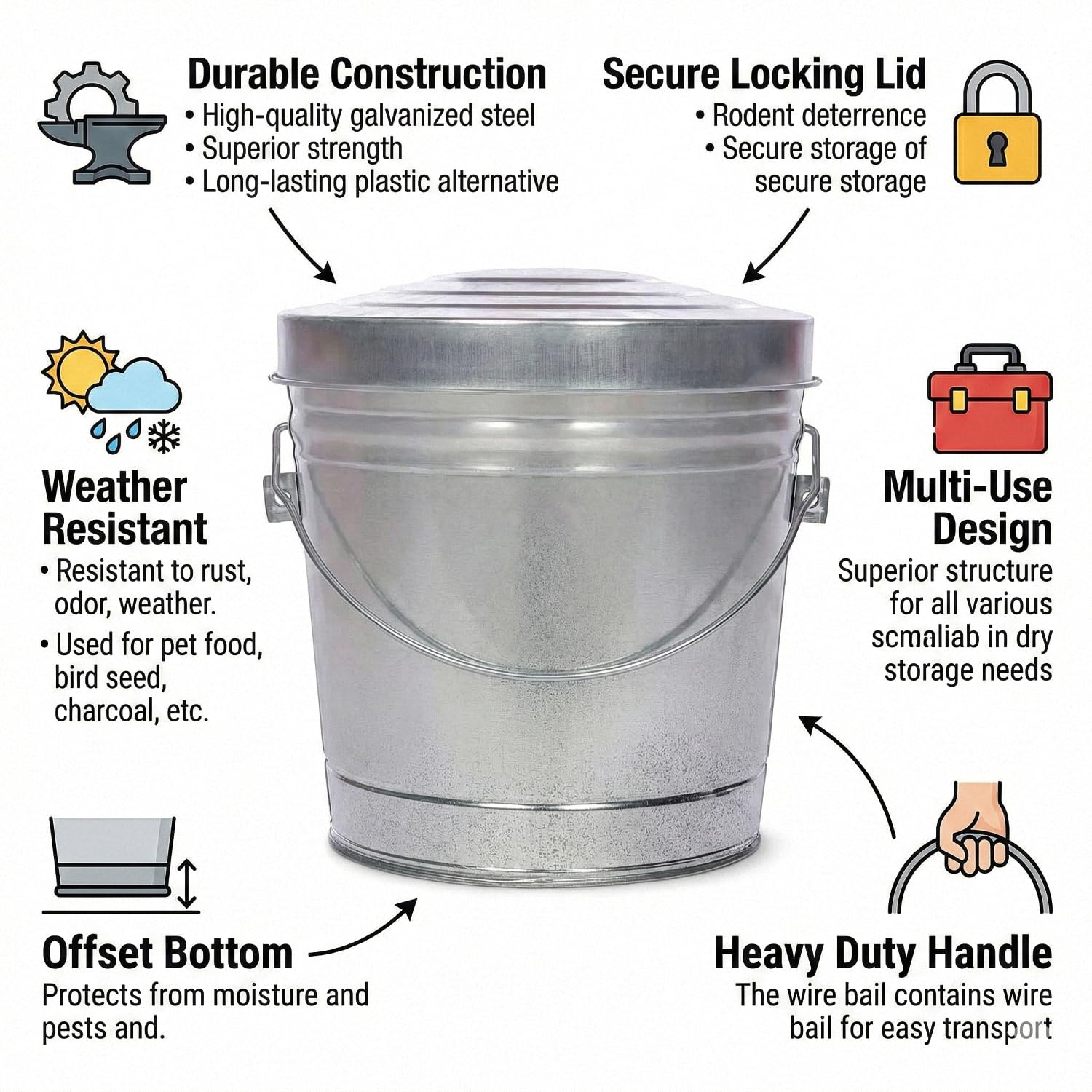 6 Gallon Galvanized Steel Storage Can with Locking Lid – Heavy Duty Metal Pail for Pet Food, Bird Seed, Ash & Charcoal, Rust Resistant & Weatherproof Outdoor Bin