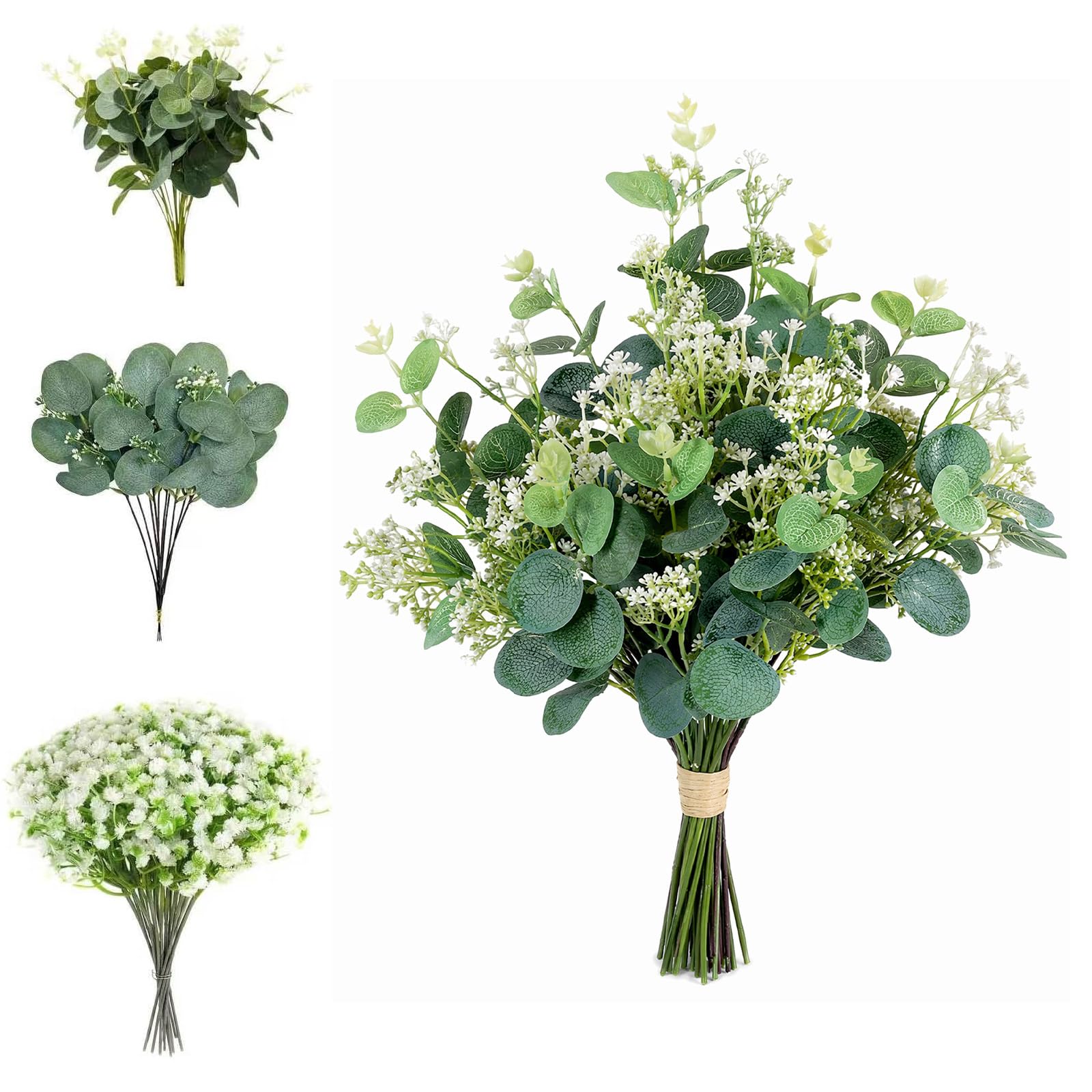60 Pcs Artificial Eucalyptus Stems, Faux Greenery Foliage with Baby Breath
