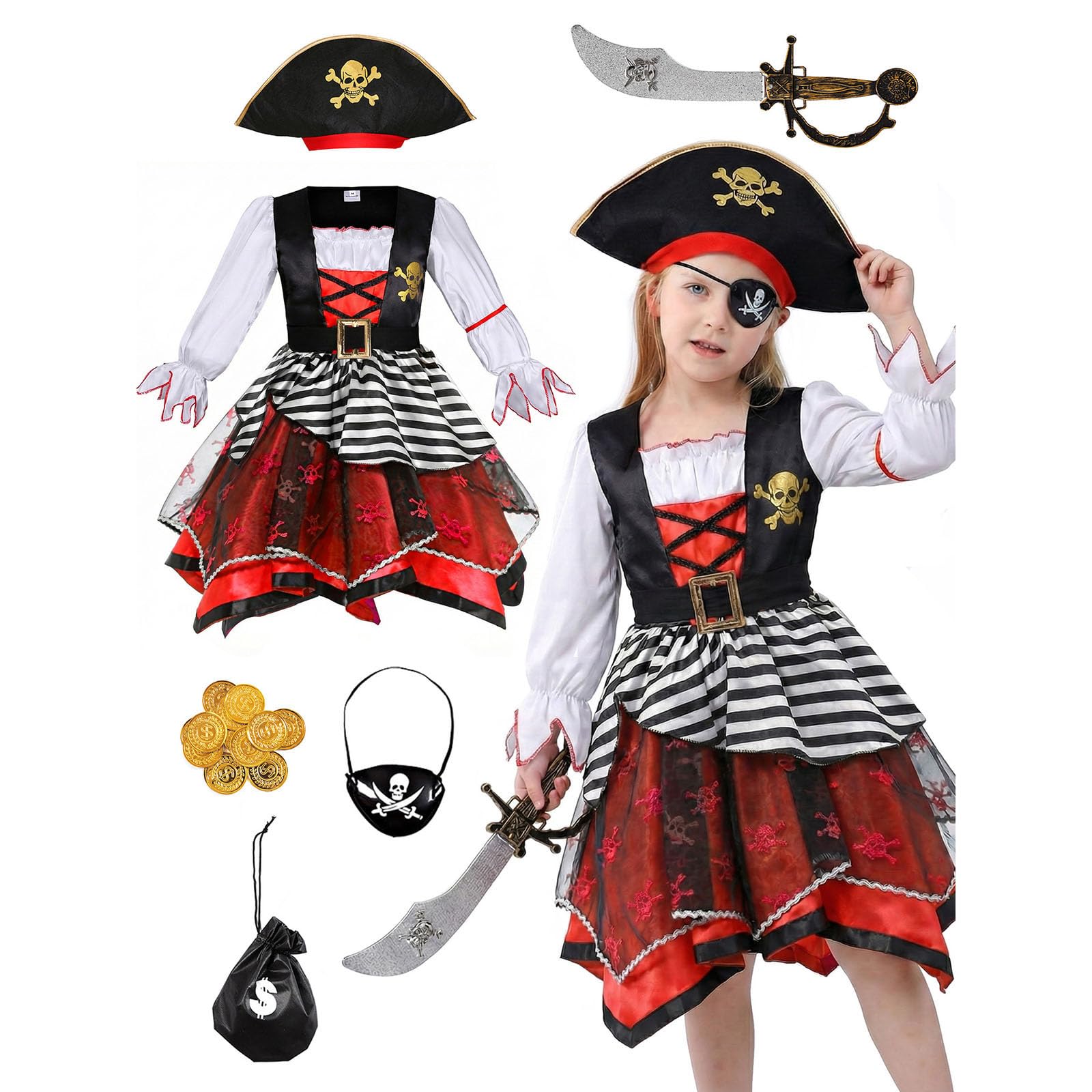 Witch Costume Kids Girls Halloween Costumes for Kids Witches Costumes 4 Pcs Set Dresses with Wizard Hat, Bag and Magic Wand Carnival Outfits Wizard Outfit for Dress Up Party Role Playing Cosplay Red