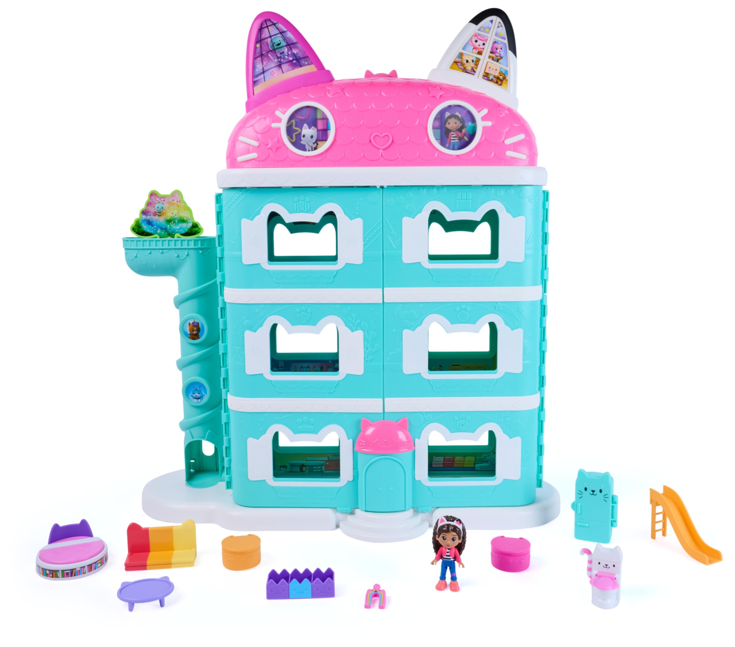 Gabby's Dollhouse Playset GabbysMeowMazing Dllhse I | 63 cm groß, 15-teiliges Set, Mit Gabby & 2 Katzenfiguren, Erweiterbar, Magische Lentikular-Augen
