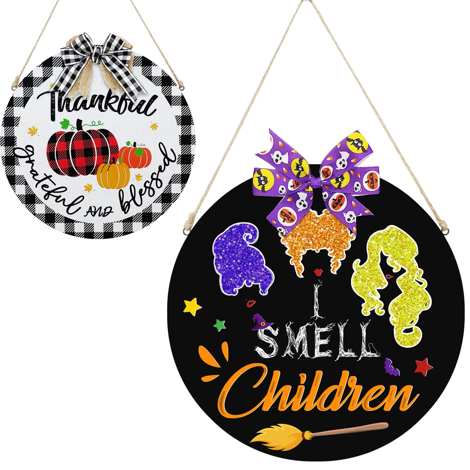 Halloween Hocus Pocus Door Sign, Reversible Hocus Pocus Decorations, I Smell Children Front Door Hanging Sign with Bow Indoor Outdoor Home Wall Hocus Pocus Decor