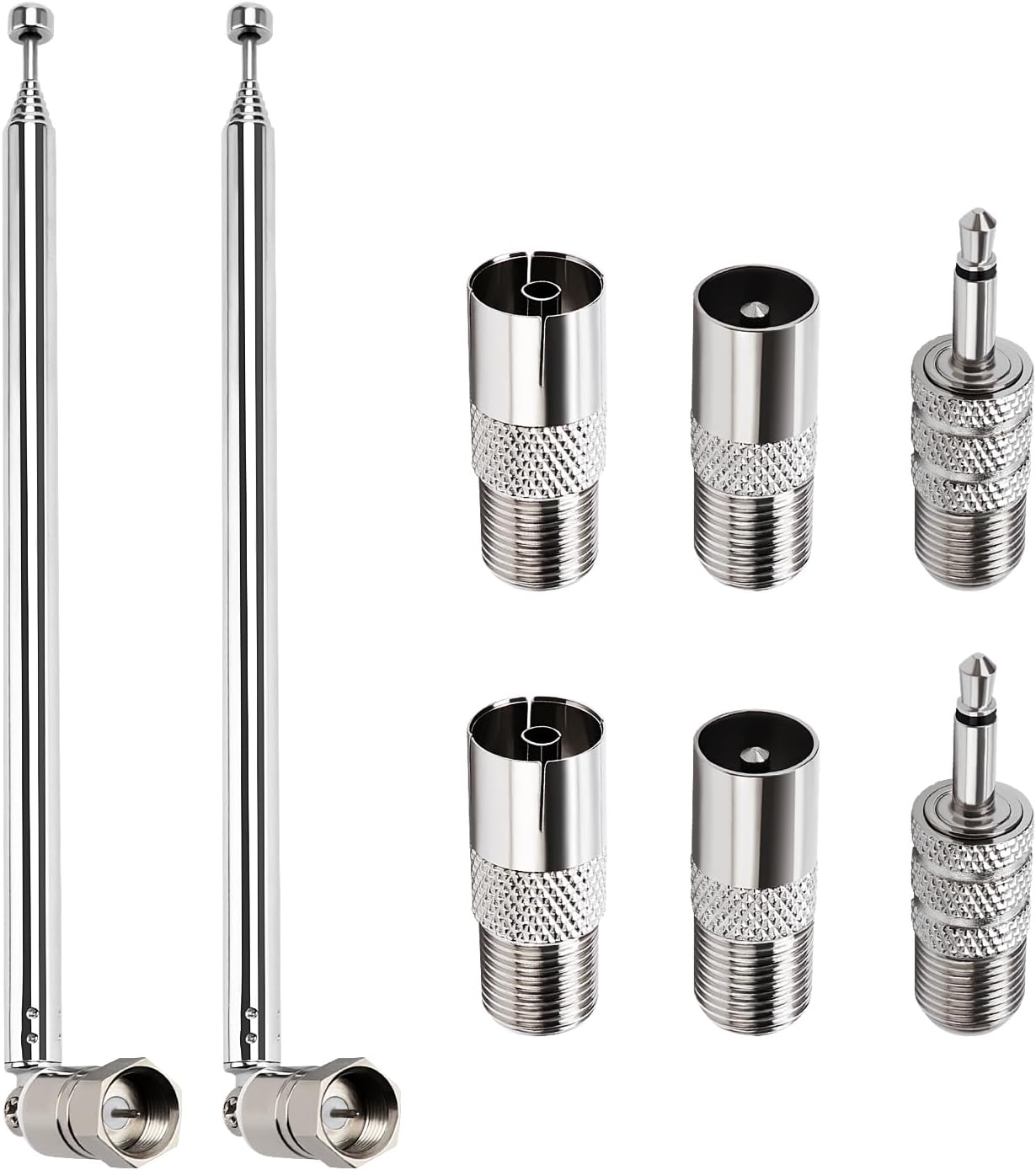 VooGenzek 2 PCS 75cm 7-Section Telescopic DAB Radio Aerial Antenna, FM Aerial Indoor Antenna 75 Ohm, F Type Male Plug Connector ​with 6 Adapters, for Table Top Radio, HiFi AV Stereo Receiver System