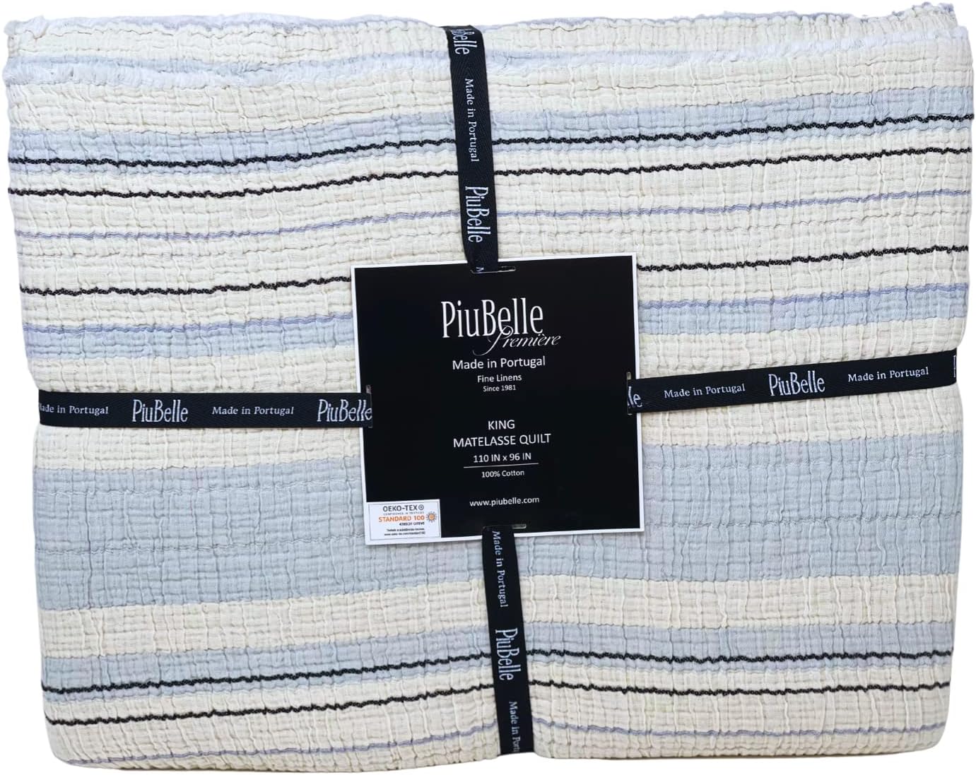 Piubelle Piu Belle Portugal Luxury Soft 100% Cotton Matelasse Quilt Coverlet Ocean Stripe Light Blue Cream Black Fringed Edge (King (U.S. Standard))