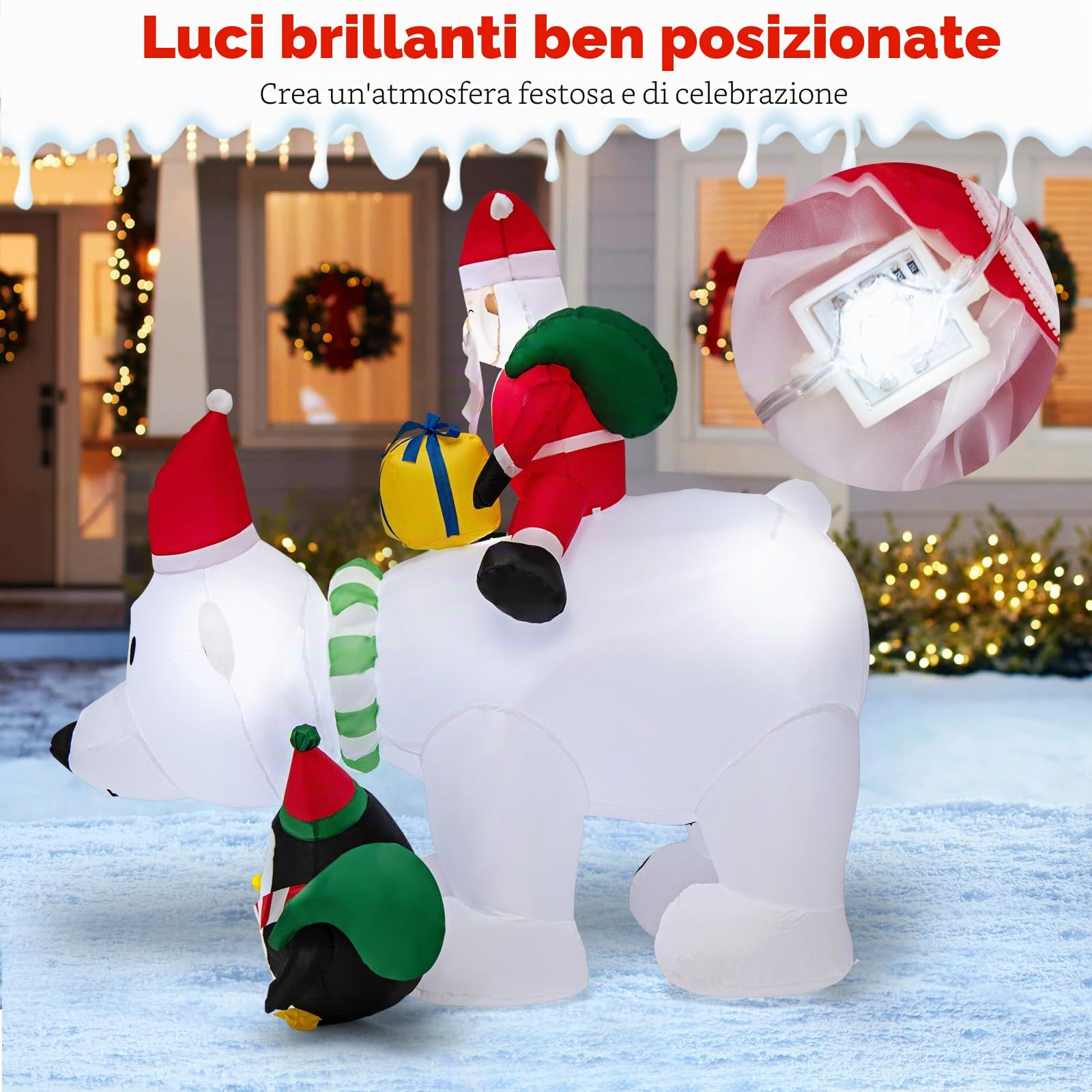GYMAX Inflatable Natalizio di 210 CM, Orso Polare Gonfiabile con Testa Che Si Agita, Babbo Natale e Pinguino, Decorazione Natalizia Illuminata con Luci LED per Interni ed Esterni, con sacchi d'acqua