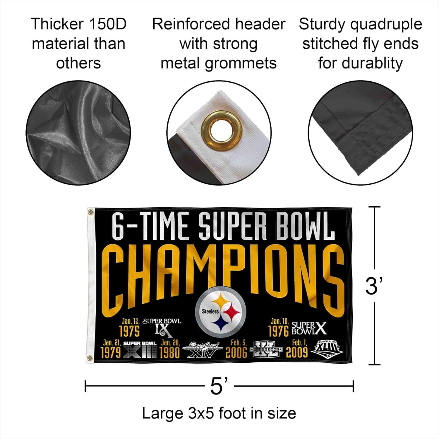 Pittsburgh Steelers 6X and 6 Time Super Bowl Champions Flag Outdoor Indoor 3x5 Foot Banner - Image 2