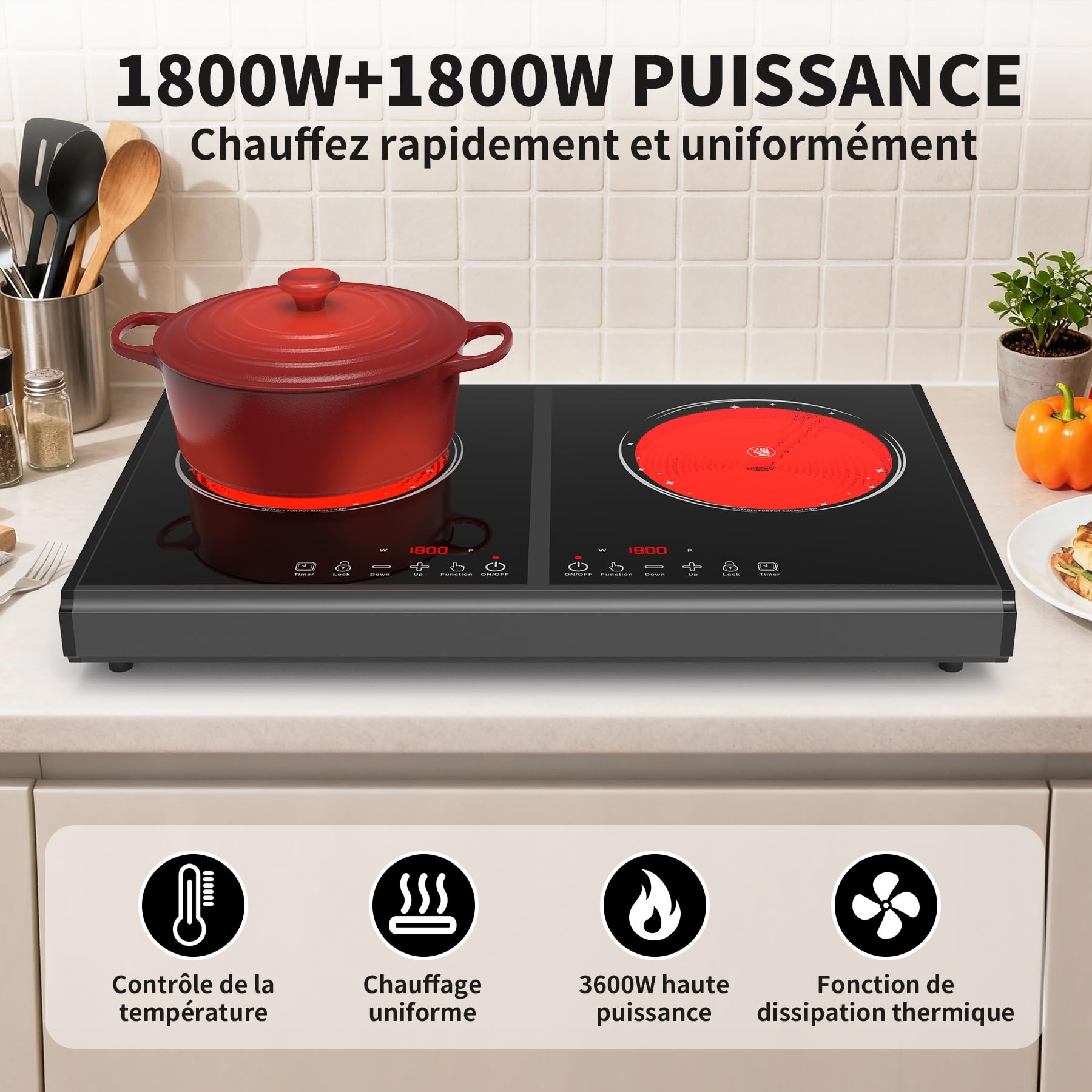 VBGK plaque cuisson électrique. 220 V, 3600 W, plaque de cuisson électrique 2 feux, plan de travail avec 9 niveaux de puissance, commande tactile LED, protection contre la surchauffe