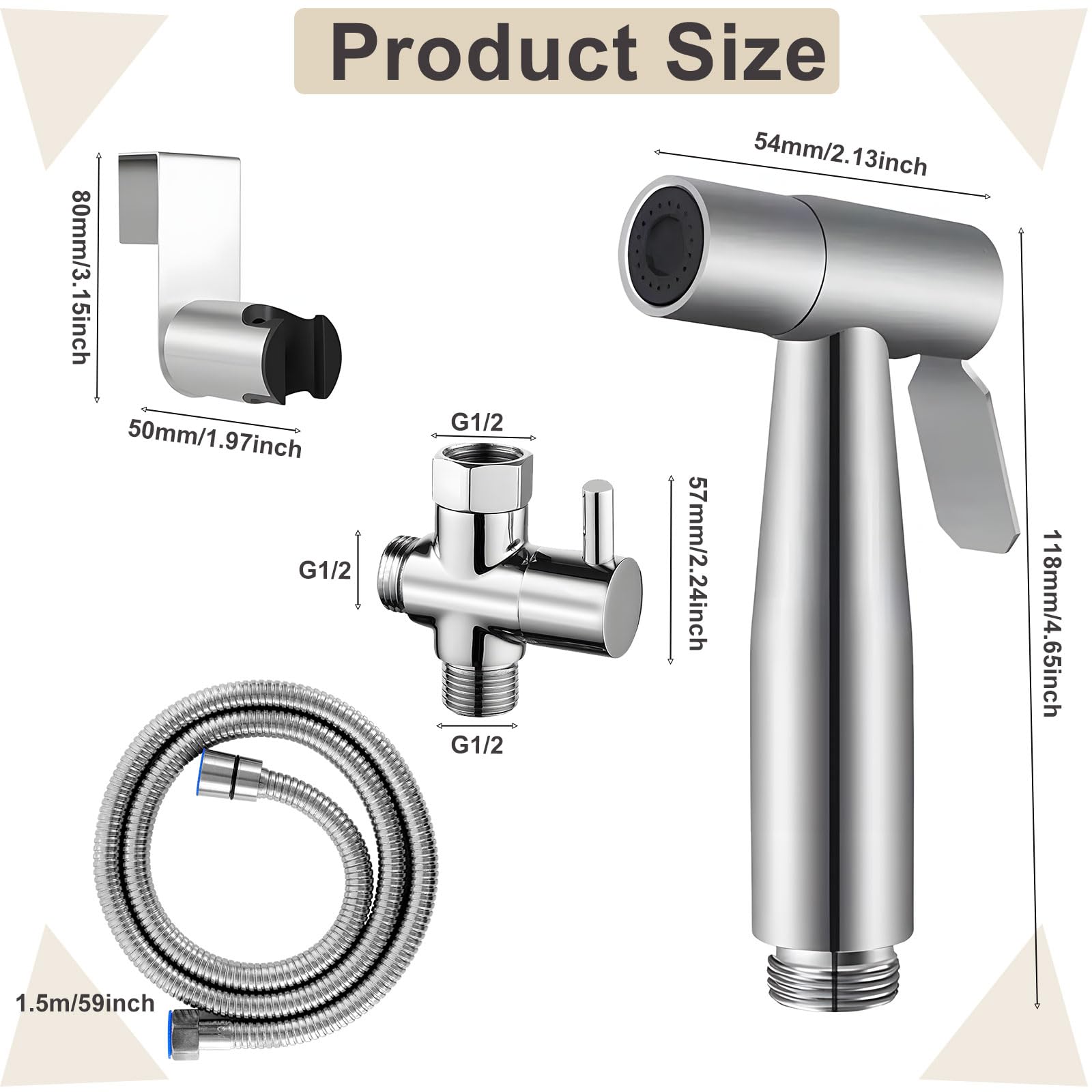 Kit de Douchette de Bidet en Acier Inoxydable, Vaporisateur de Toilette Douchette à Main avec 1.5m Tuyau et Support, Kit Douchette WC Complet, Pulvérisateur de Bidet à Main pour Hygiène Personnelle