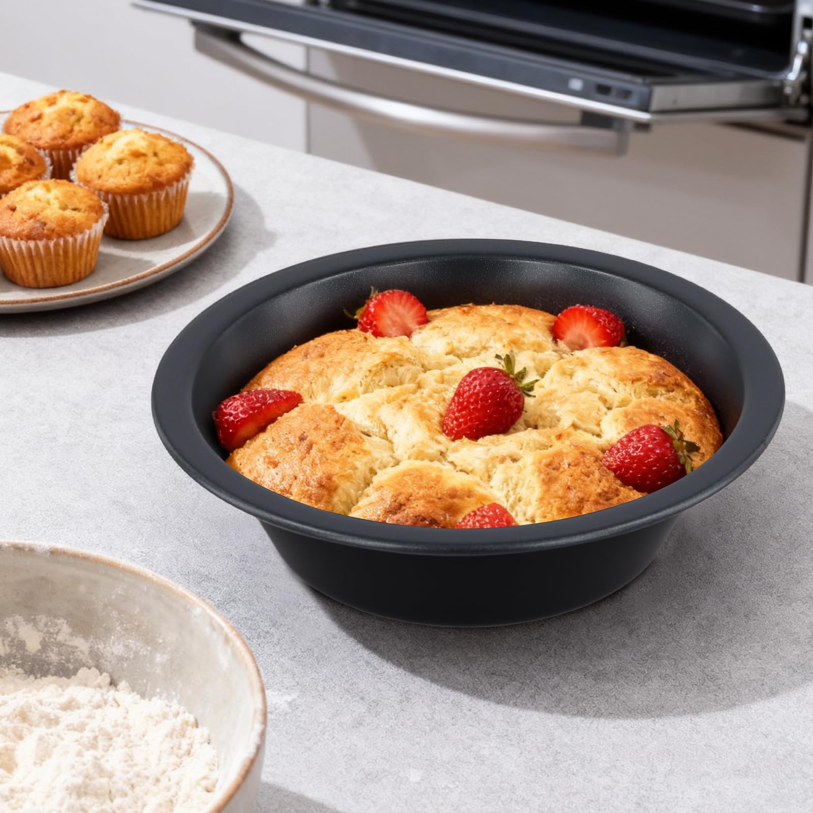 SINJEUN Mini-Kuchenformen, 12,7 cm, Karbonstahl, antihaftbeschichtet, kleine Kuchenformen, rund, einzelne Kuchenformen zum Backen, Kuchen, Brot, Quiches, Torten, Desserts, Schwarz, 24 Stück