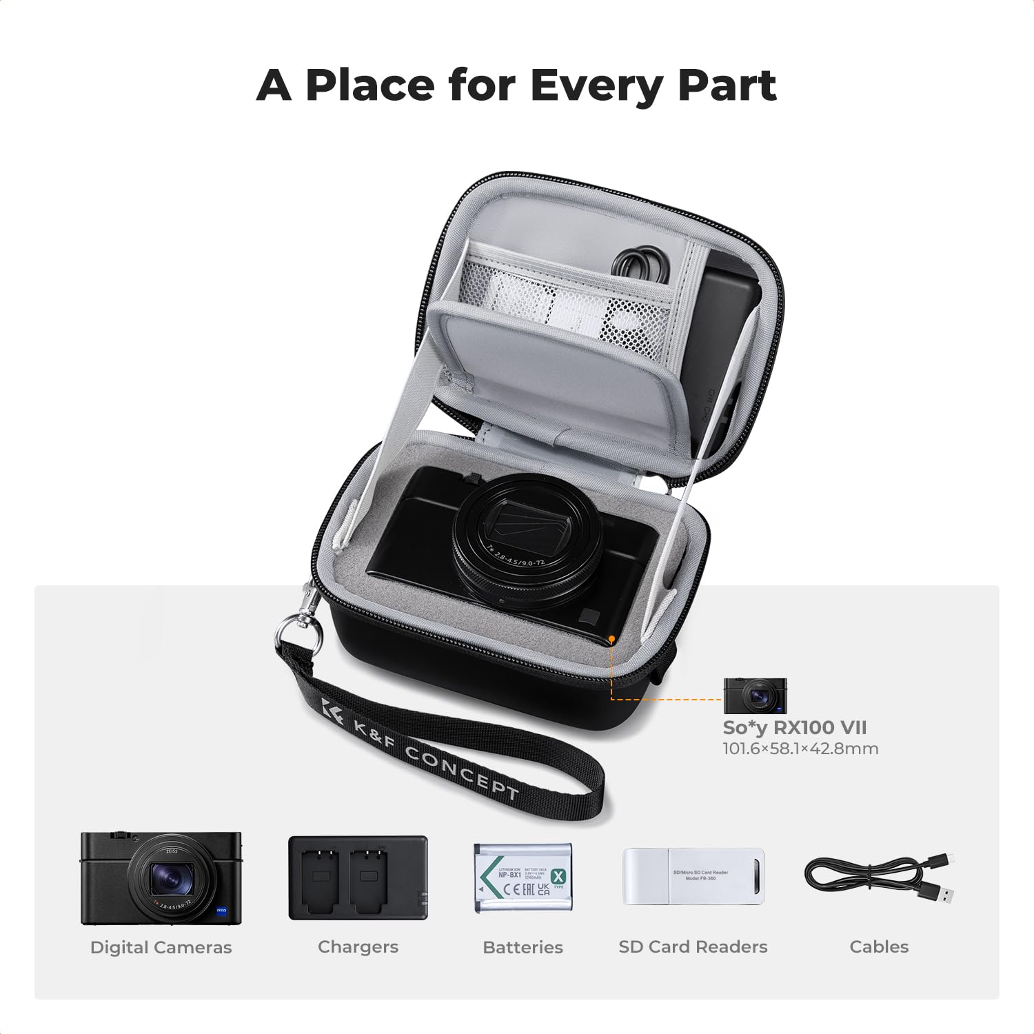 K&F CONCEPT Custodia per Fotocamera Digitale, Borsa Rigida da Viaggio in EVA, Custodia Protettiva Antiurto Compatibile con Sony ZV-1 / Ricoh GR III/Canon G7 X, Nero, M - 4