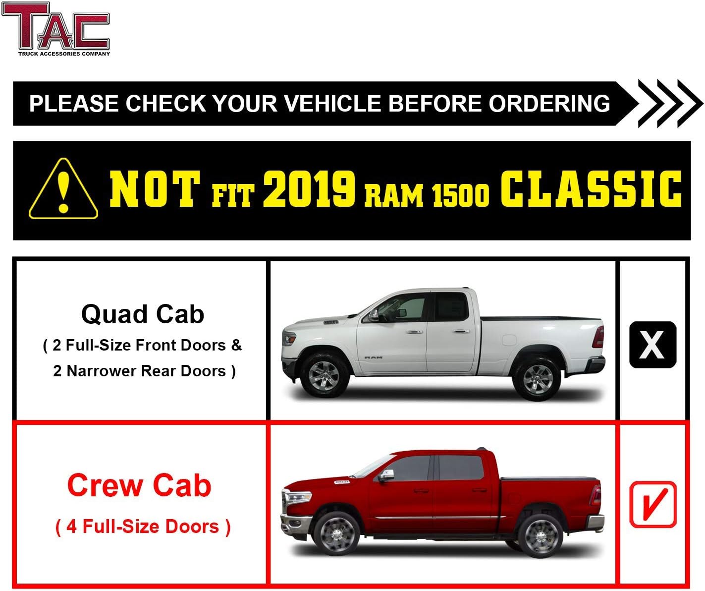 TAC Running Boards Compatible with 2019-2026 RAM 1500 Crew Cab (Exclude 2019-2024 RAM 1500 Classic) | 4" Drop Side Steps Nerf Bars | Pickup Truck Off-Road Exterior Accessories | Fine Texture Black