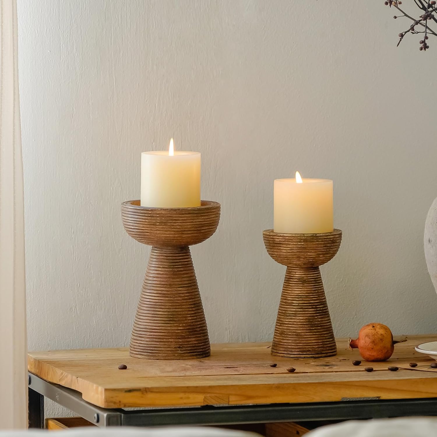 NIKKY HOME Modern Farmhouse Pillar Candle Holders Set of 2, Brown | Rustic Candle Pedestals, Decorative Resin Pillar Stands for Mantels, Fireplaces, Centerpieces Tables, Weddings