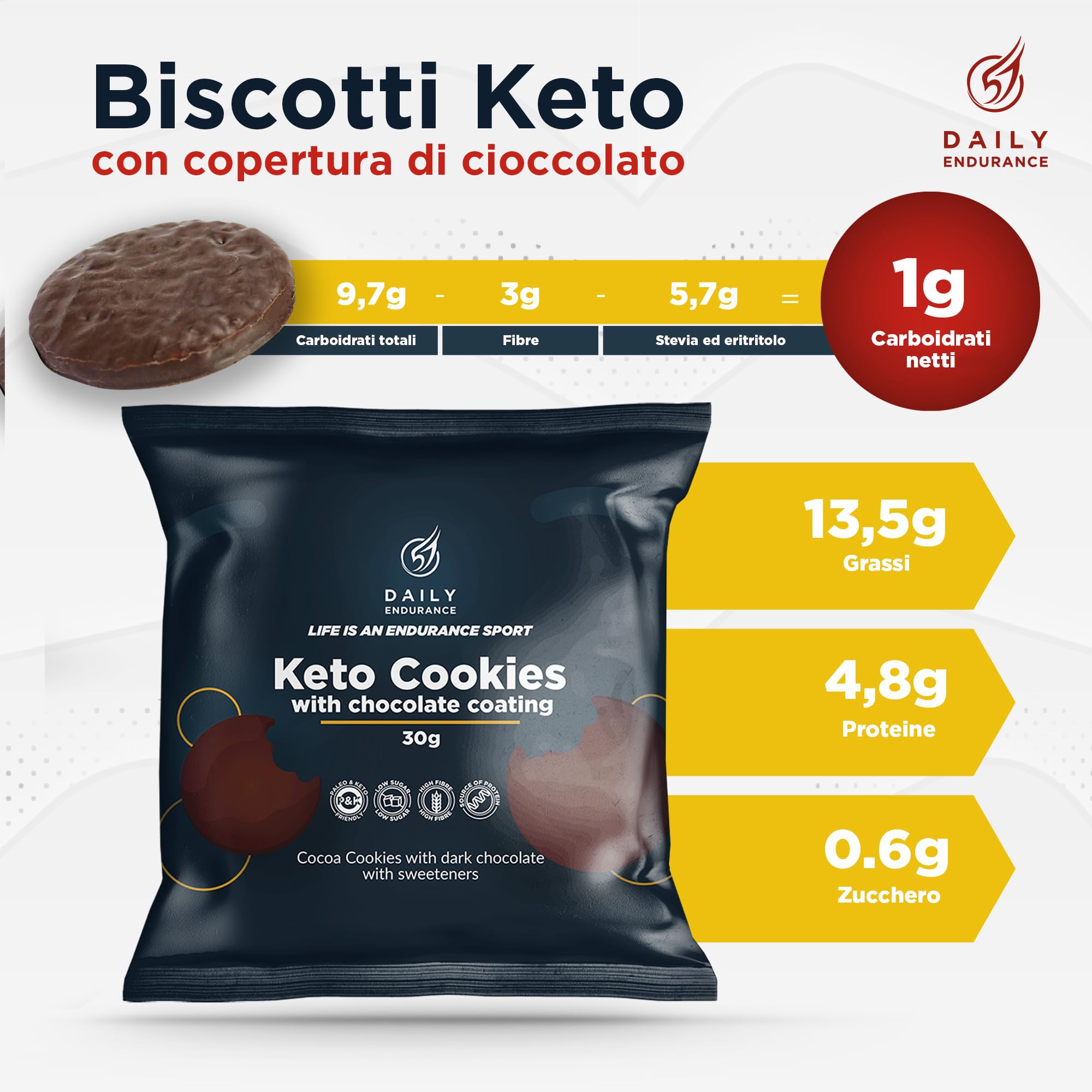 Keto Cookies Senza Zucchero - 16 Biscotti Keto - Rivestiti di Cioccolato - Snack Keto - Alimenti Ketogenici Low Carb & Paleo - 480g - Daily Endurance
