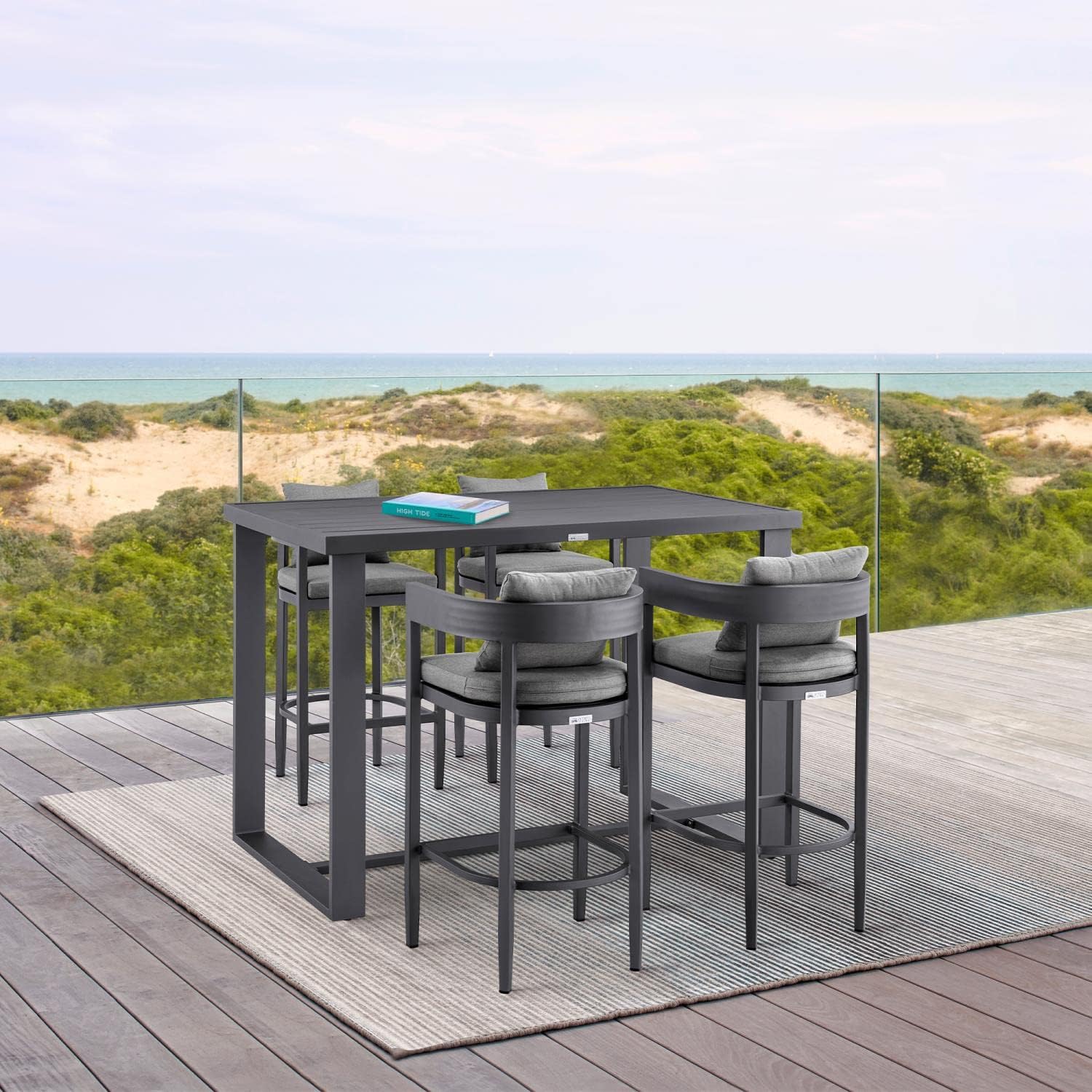 Armen Living Menorca Outdoor Patio 5-Piece Aluminum Bar Set in Gray