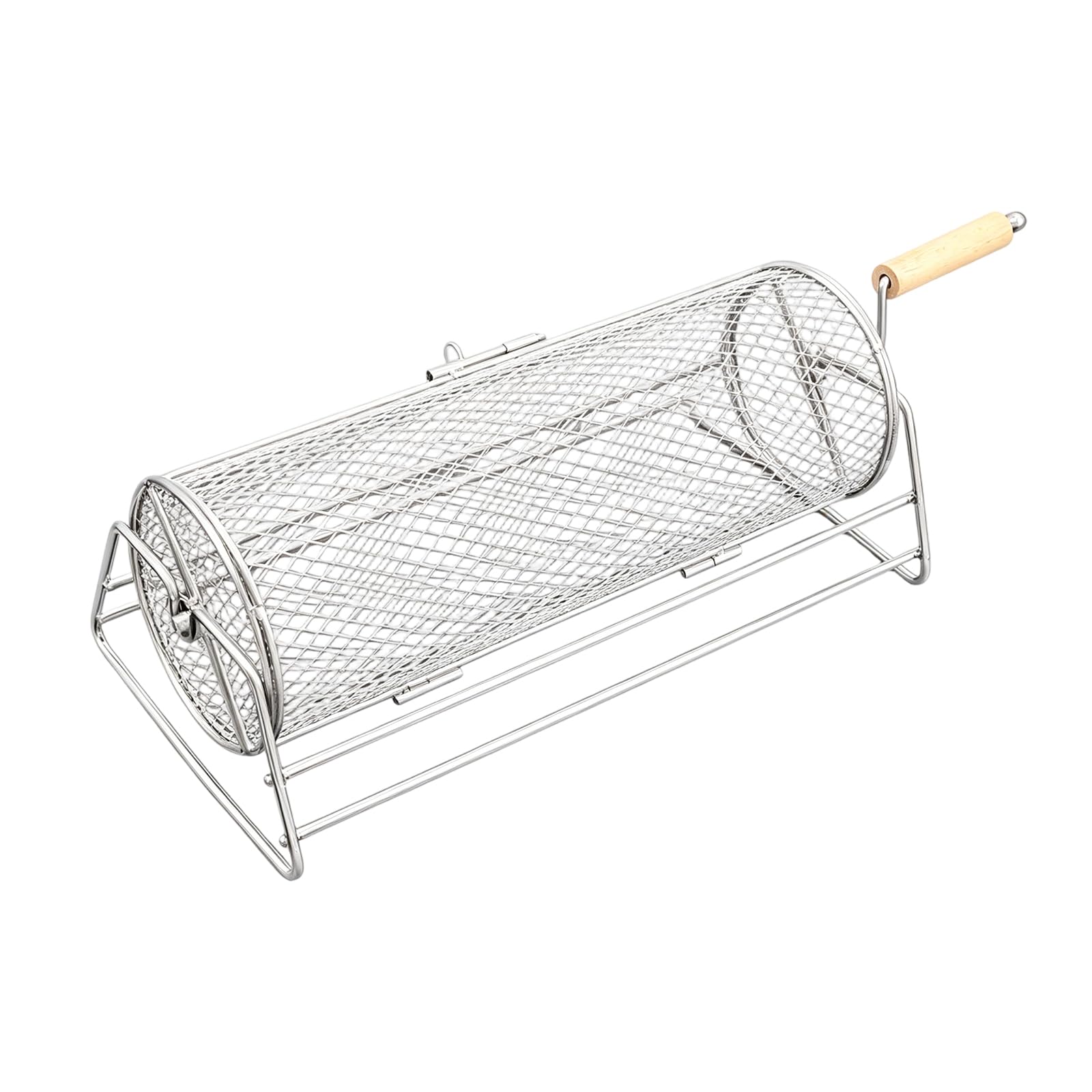 MALSSE Stainless Steel BBQ Grills Basket with Extended Wood Handle Grilling Meshes for Safe and Comfortable Outdoor Cooking Simple Barbecue Basket