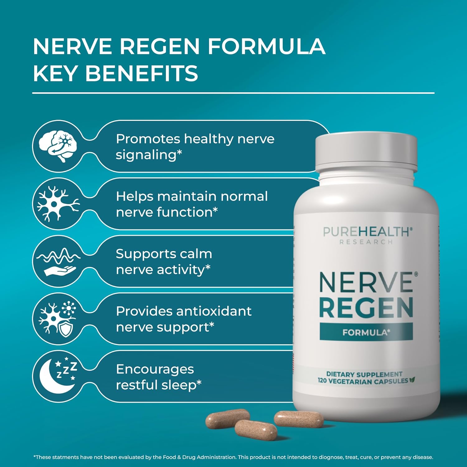 PUREHEALTH RESEARCH Nerve Regen Formula - Nerve Support Supplement for Feet & Hands - with Alpha Lipoic Acid ALA, Benfotiamine, Acetyl L-Carnitine, Riboflavin, Vitamin B6, B12, D & More - 120 Capsules - Image 3