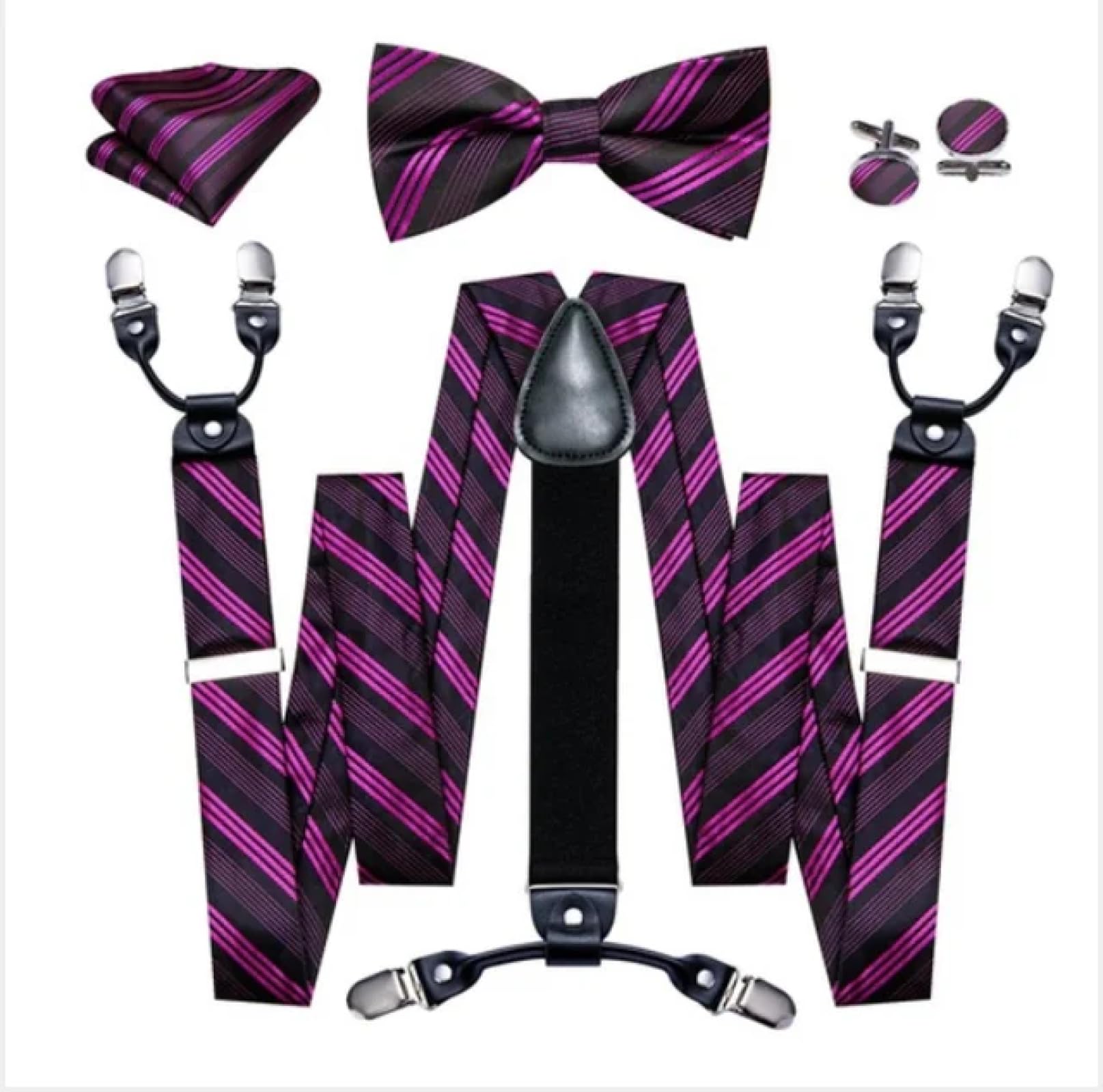 Hosenträger Suspender Gestreifte Hosenträger Für Männer Party Vorgebundene Fliege Einstecktuch Manschettenknöpfe Set Aus Seide Leder Metall 6 Klammern