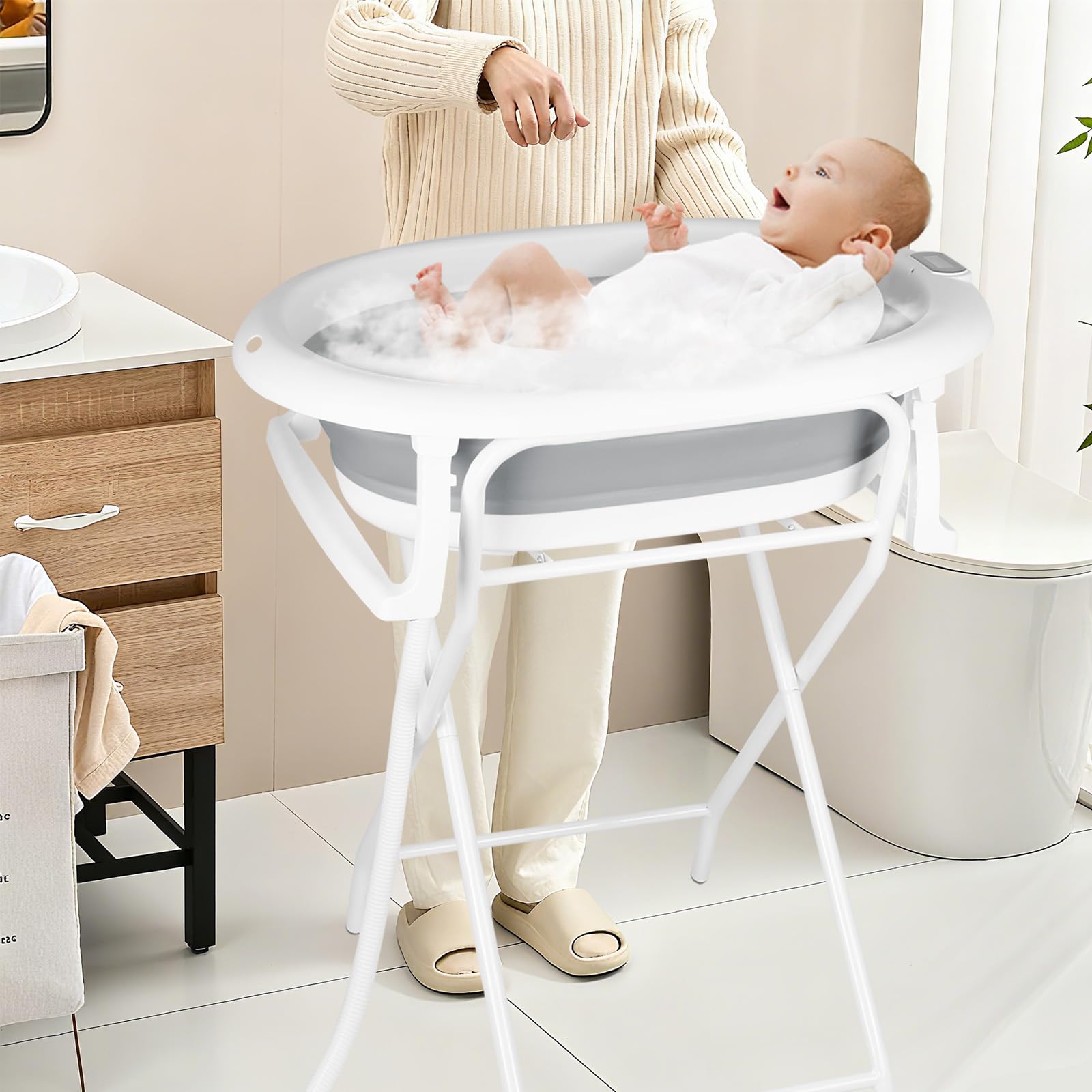 Baignoire Bébé Pliable Sur Pied XXL avec Support, Thermomètre 2.0, Siège et Kit de Drainage