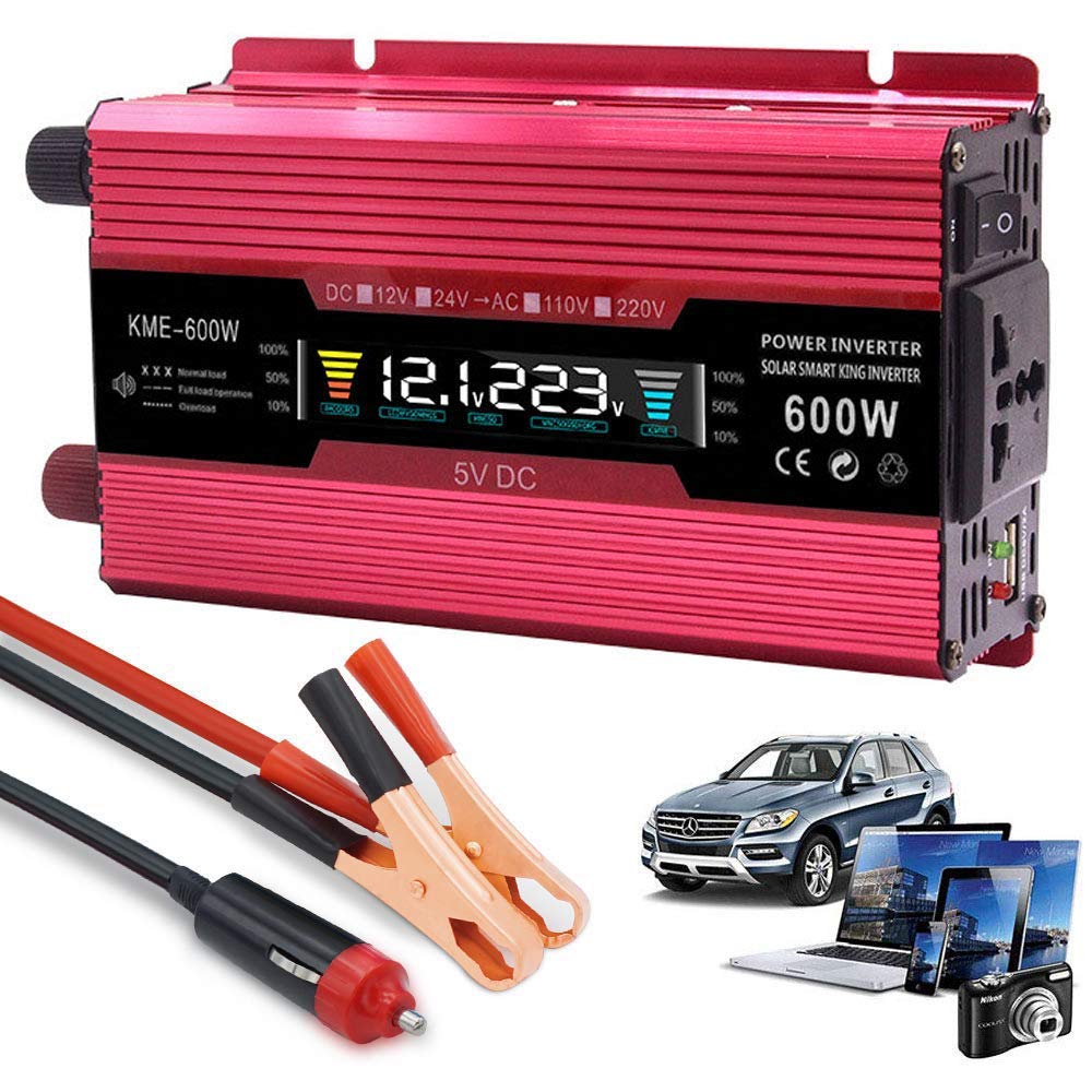 Onduleur de Voiture 600W Convertisseur de Tension 12V / 24V vers AC 110V / 220V / 230V avec écran LCD, Connexion de Charge USB pour Ordinateurs Portables, Smartphones, appareils Photo