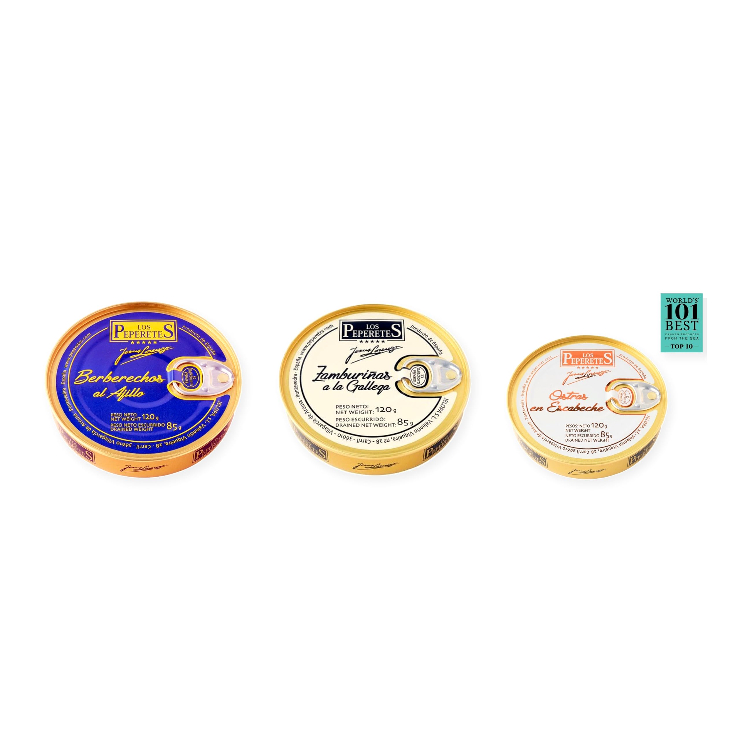 los peperetes conservas Berberechos Ajillo, Zamburiñas Gallega y Ostras Escabeche pack 3 latas