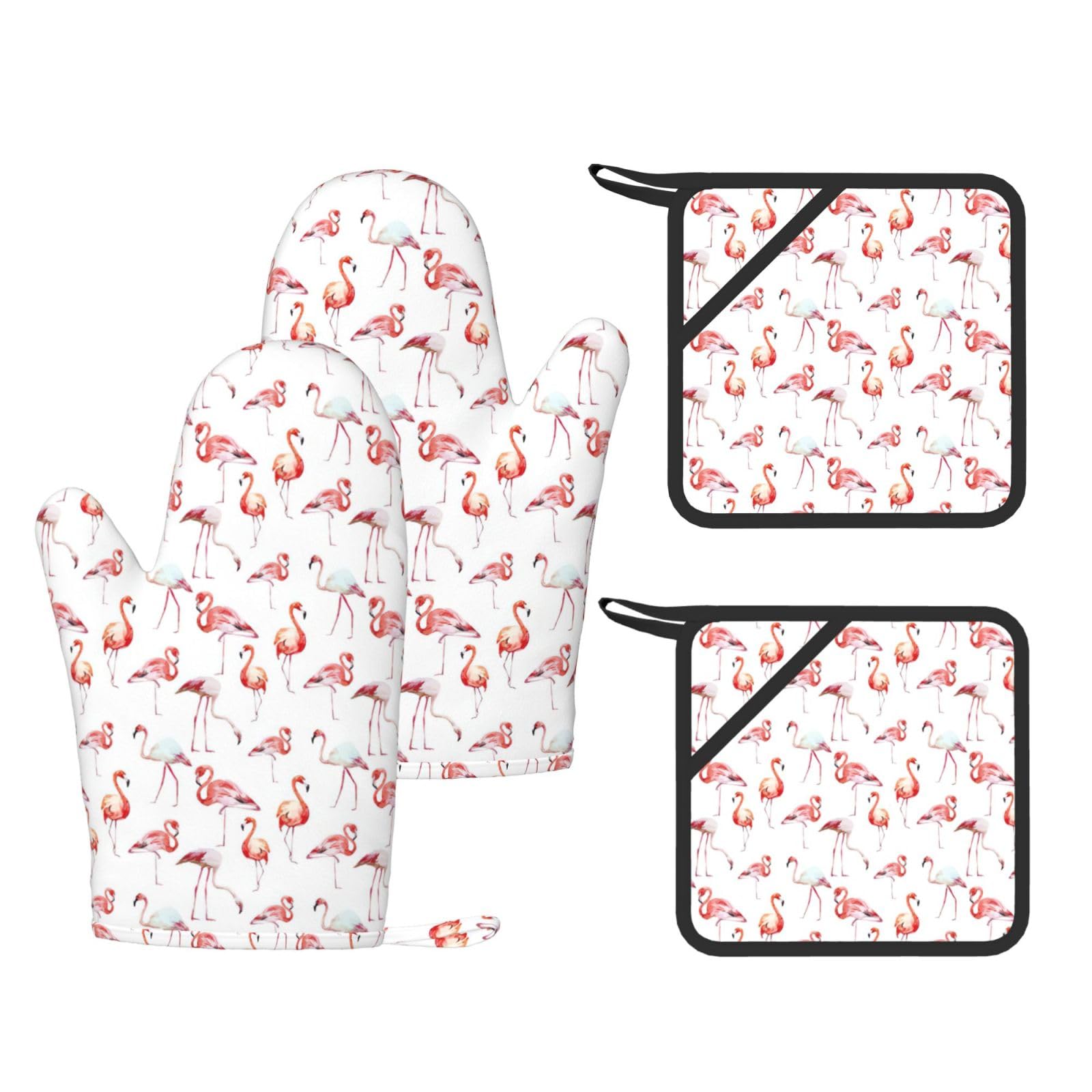 Eeprty Black Painting Flamingo Printed Kitchen Oven Gloves And Potholder 4 Pcs, Non-Slip Heat Resistant Mitts For Baking Chef